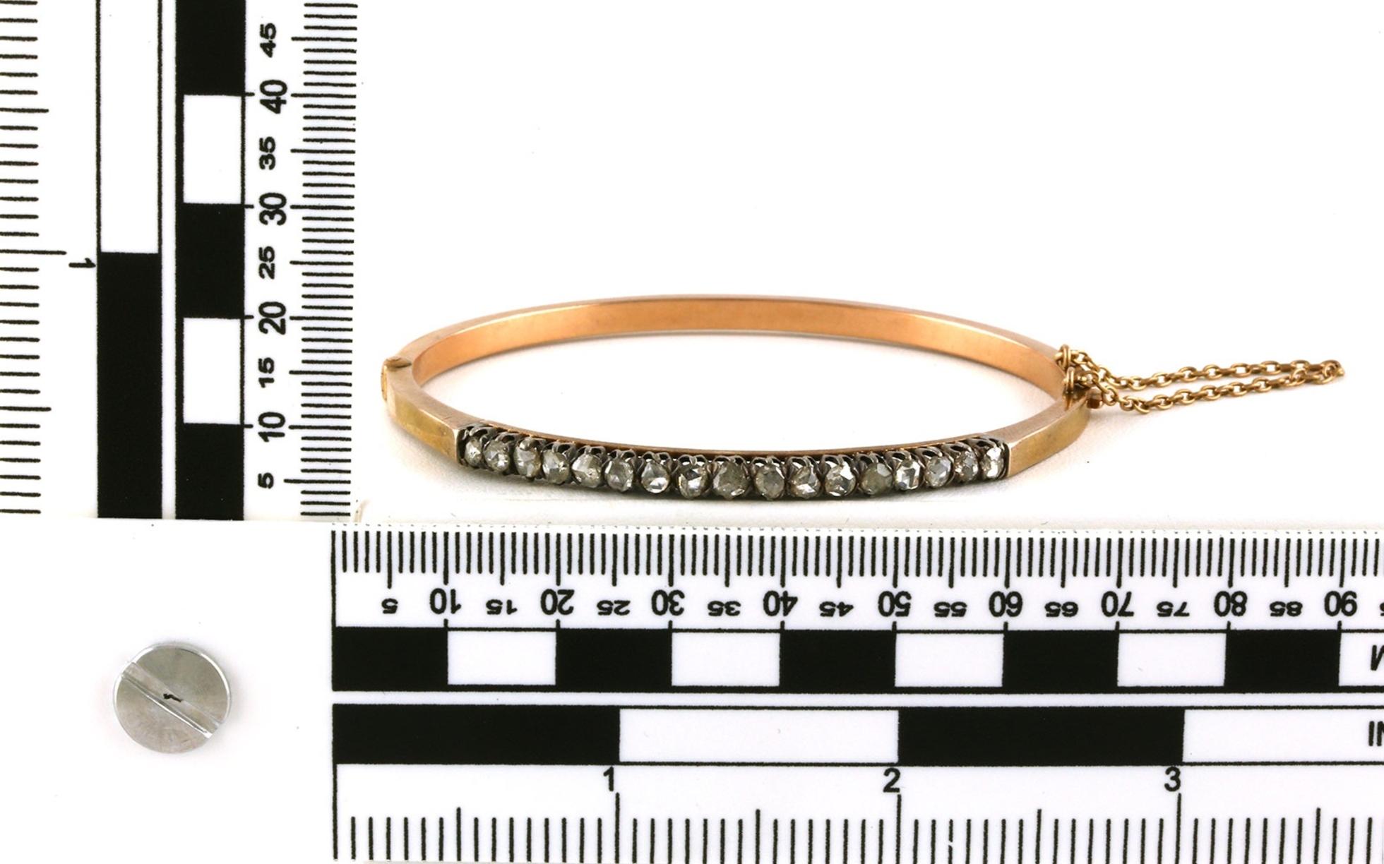 Estate Piece: Rose-cut Diamond Hinged Bangle Bracelet in Rose Gold scale
