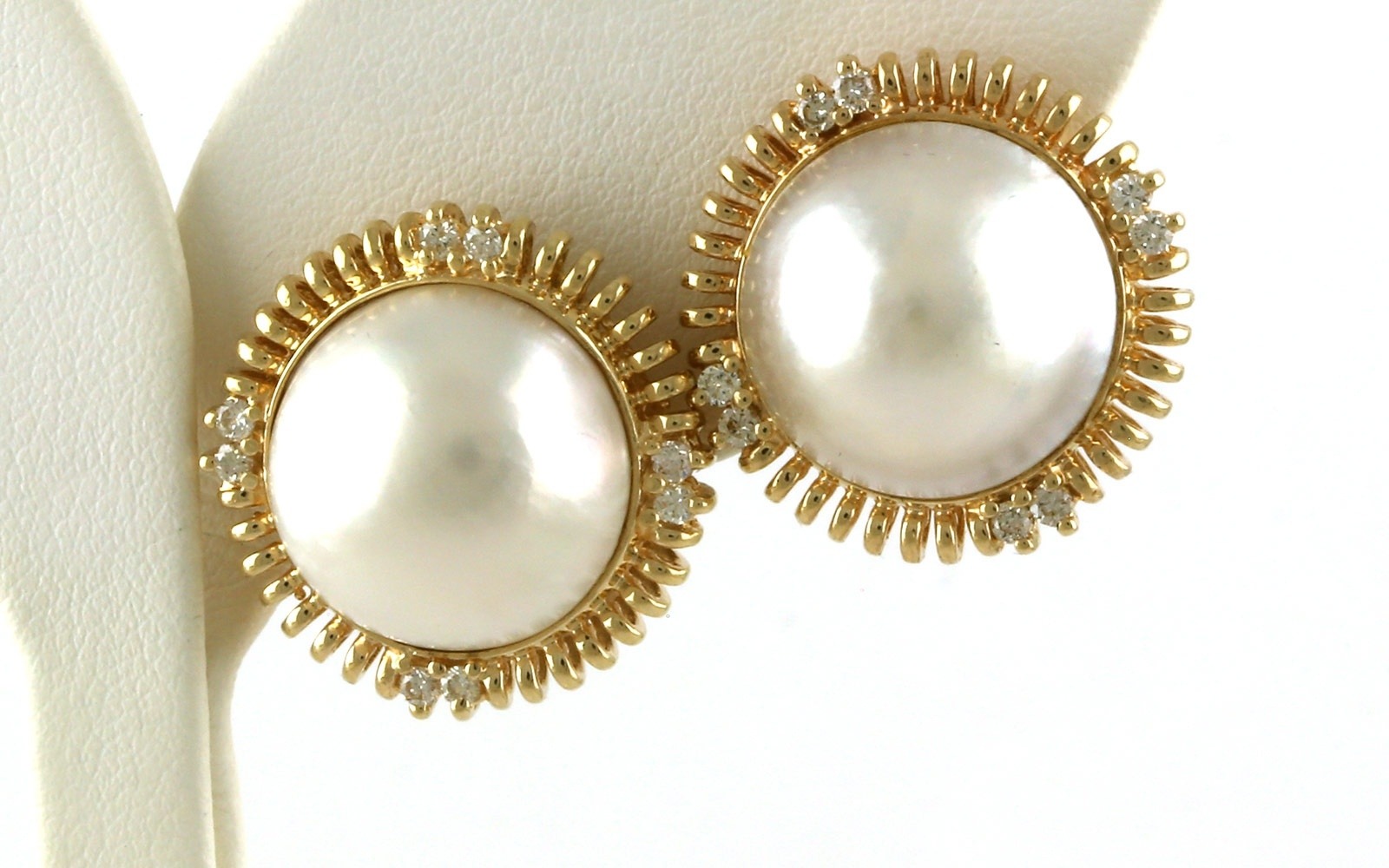 Estate Piece: Pearl and Diamond Halo Stud Earrings in Yellow Gold