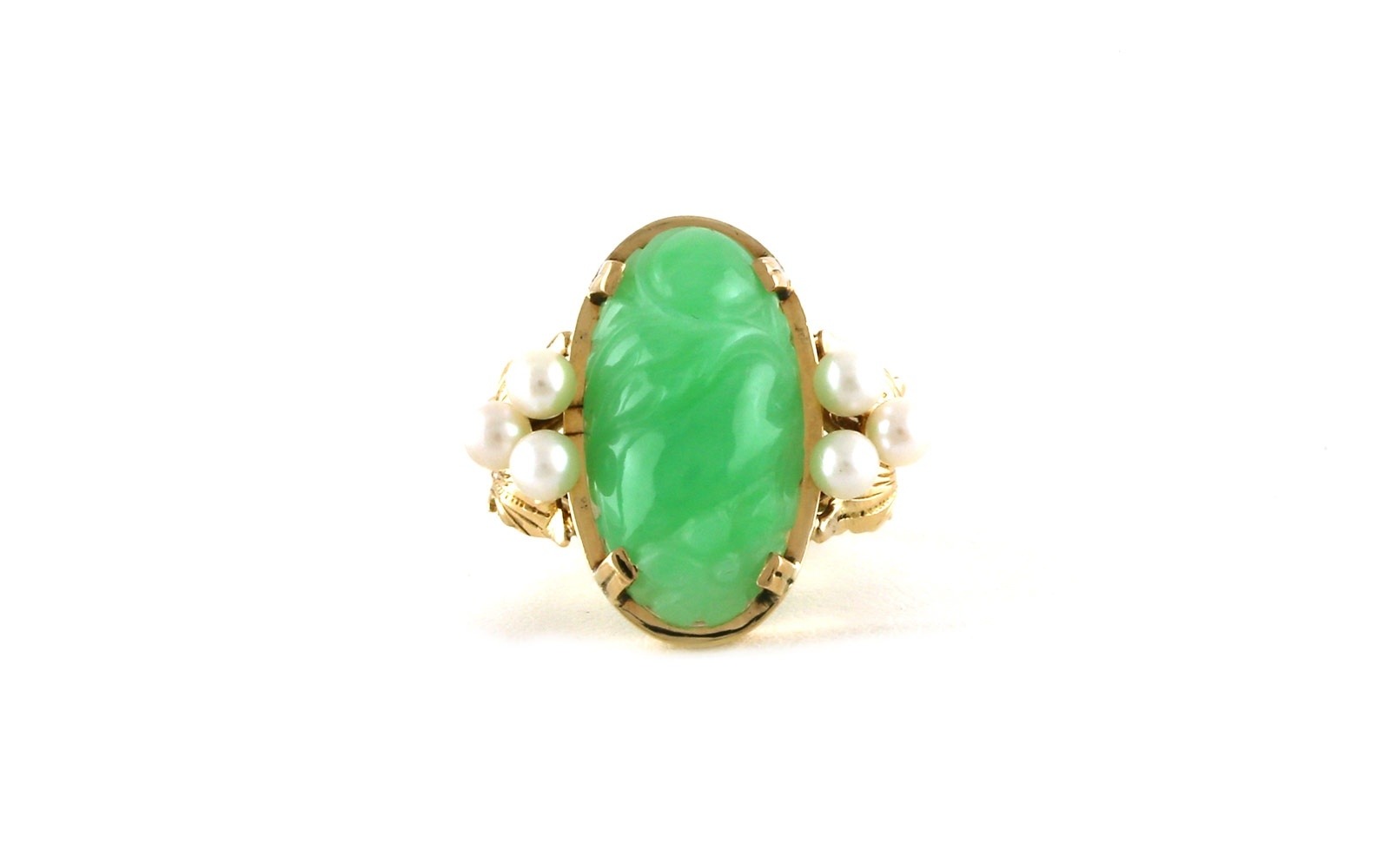Estate Piece: Garden Detail Carved Jade and Pearl Cluster Ring in Yellow Gold