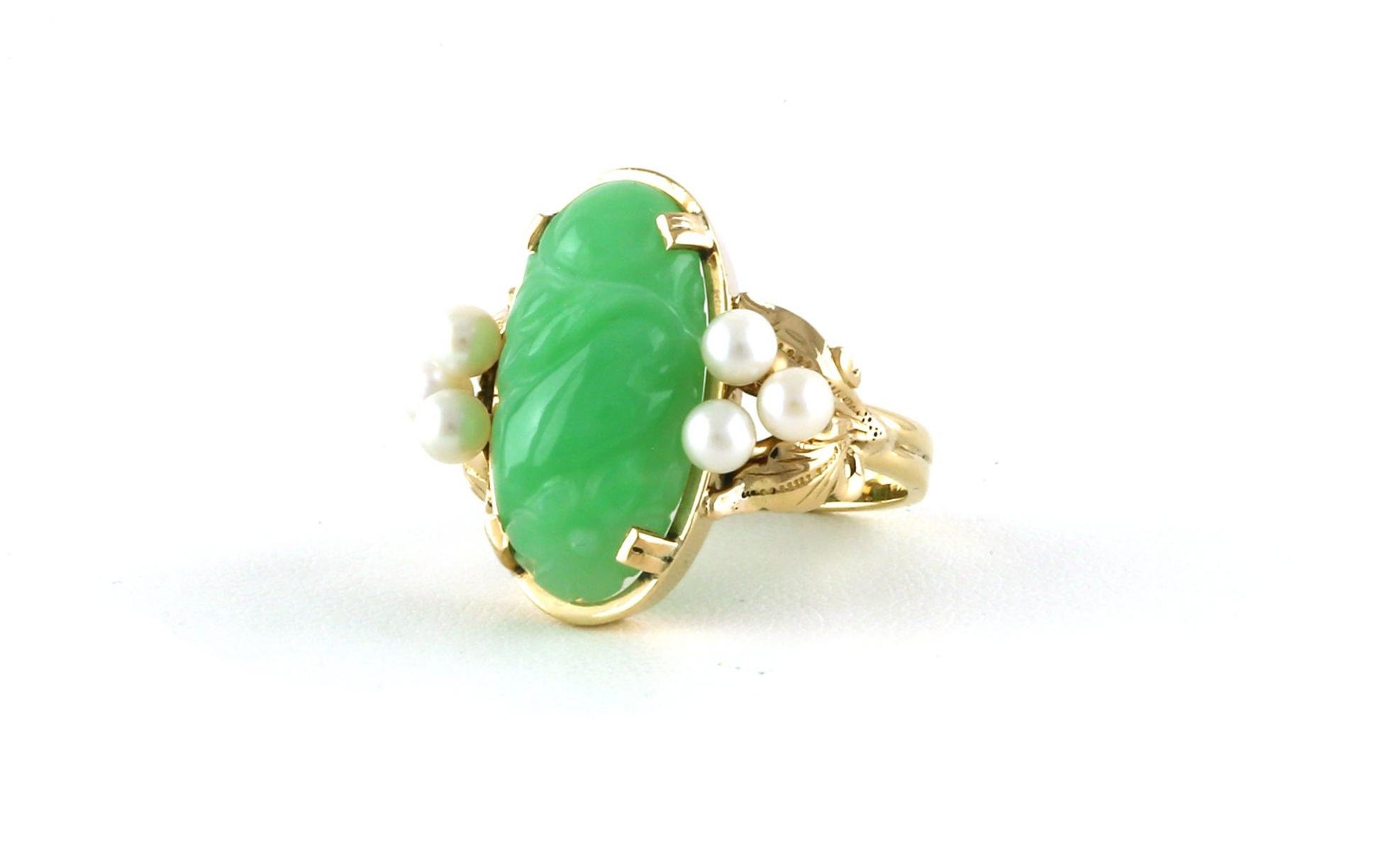 Estate Piece: Garden Detail Carved Jade and Pearl Cluster Ring in Yellow Gold scale