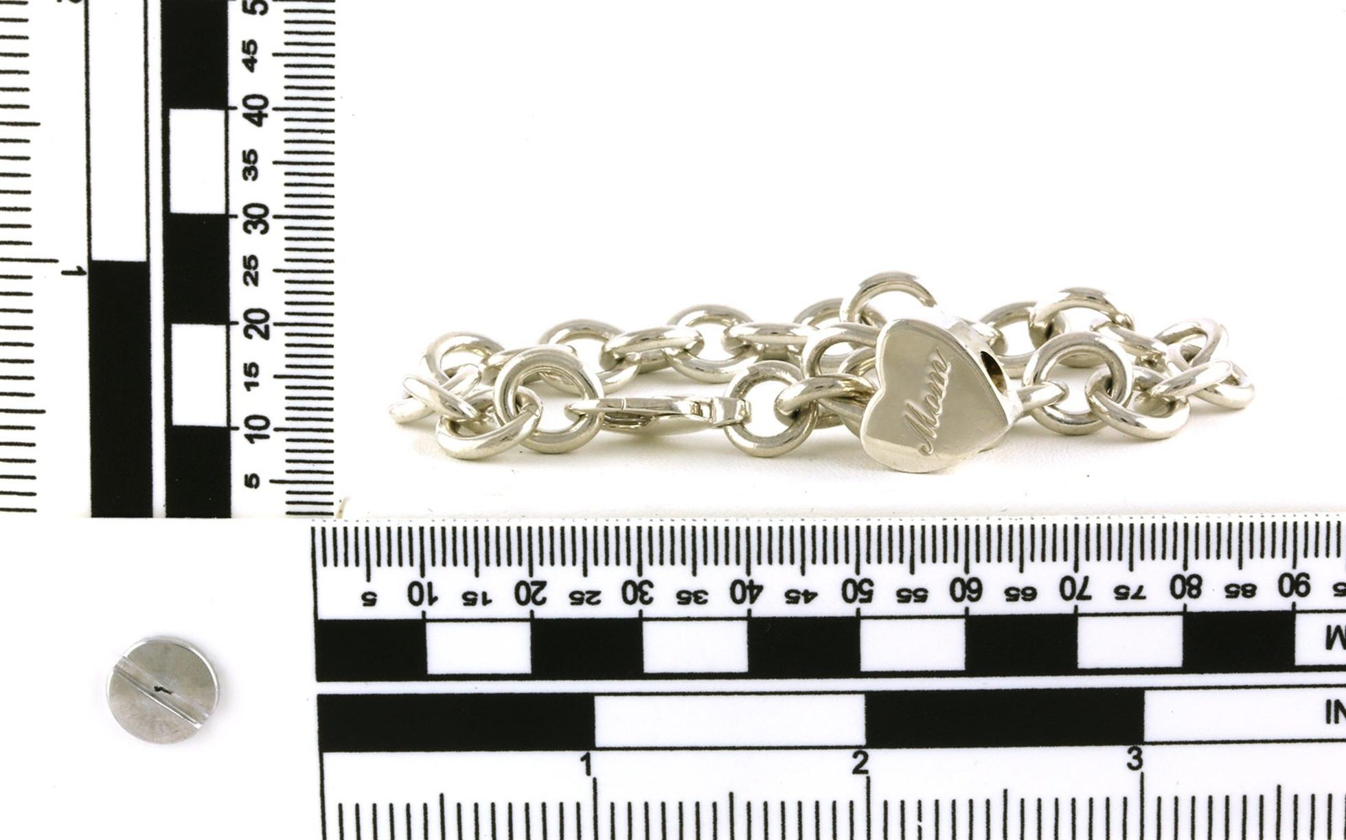 Estate Piece: Engraved "Mom" Tiffany & Co. Heart Lock Bracelet in Sterling Silver - Scale