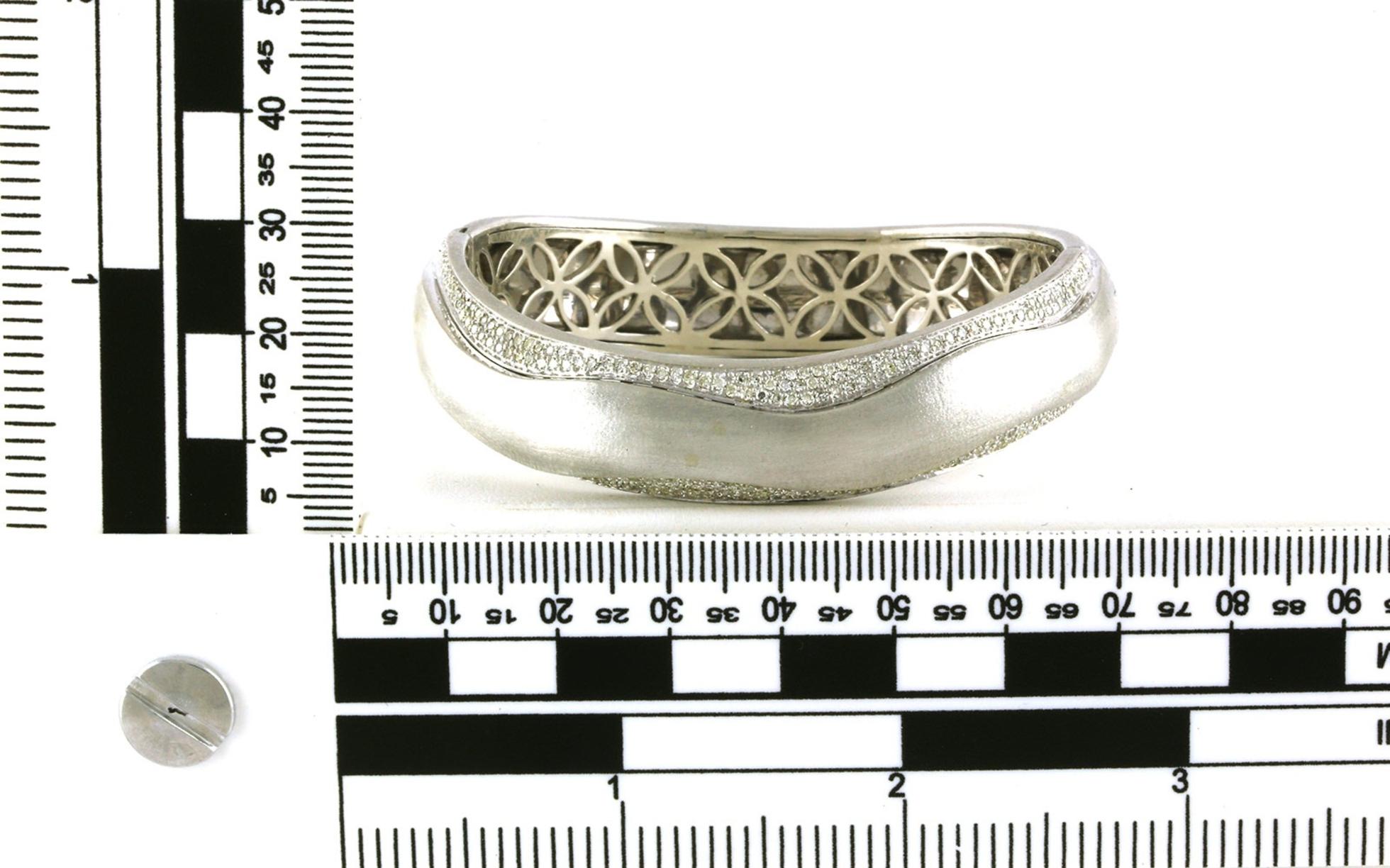 Estate Piece: Satin Wavy Pave Diamond Hinged Cuff Bracelet in Sterling Silver - Scale