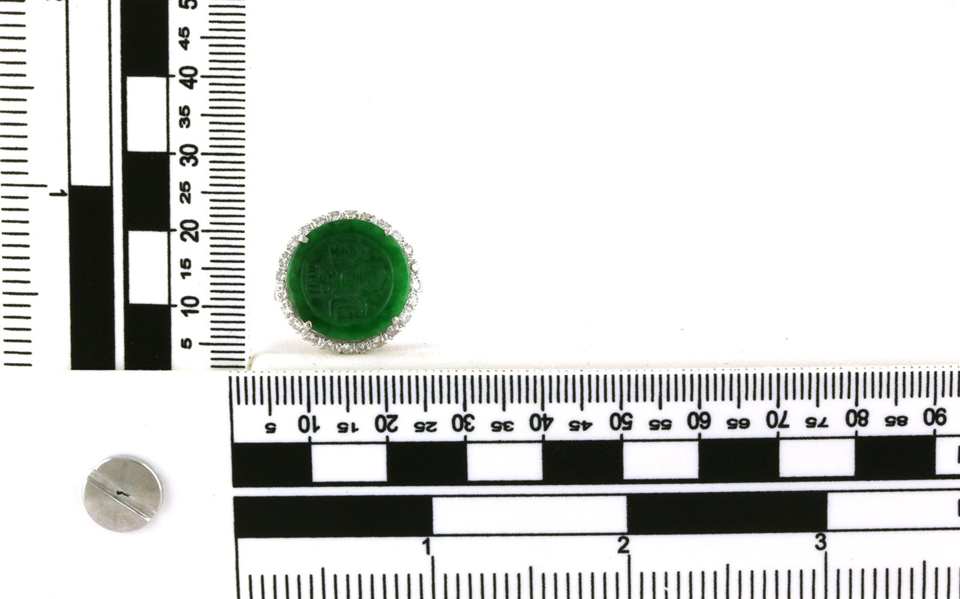 Estate Piece: Round Jade & Diamond Halo Ring in White Gold (0.20 TWT) - Scale