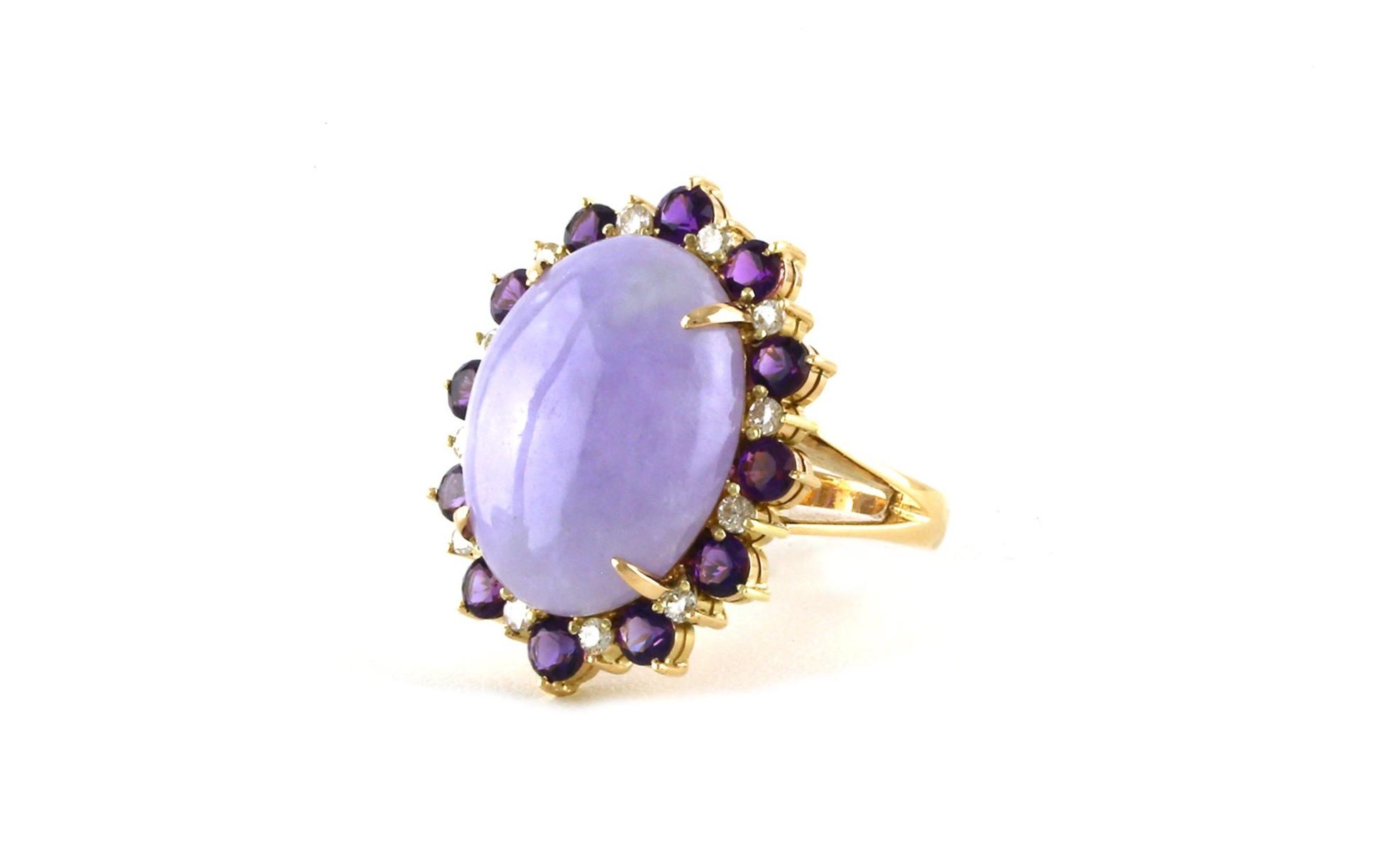 Estate Piece: Amethyst & Diamond Halo Oval-cut Jade Ring in Yellow Gold - Angled