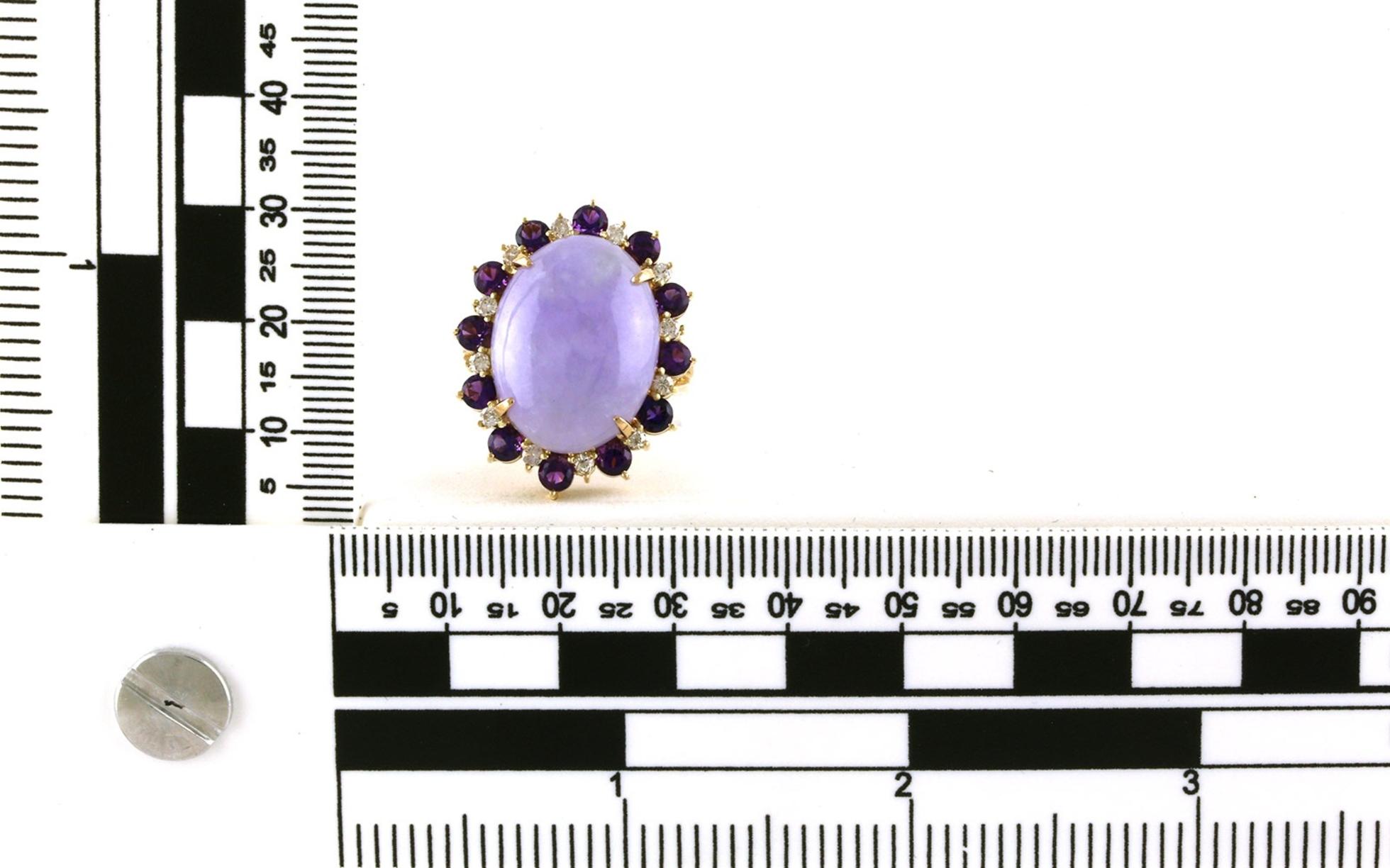 Estate Piece: Amethyst & Diamond Halo Oval-cut Jade Ring in Yellow Gold - Scale