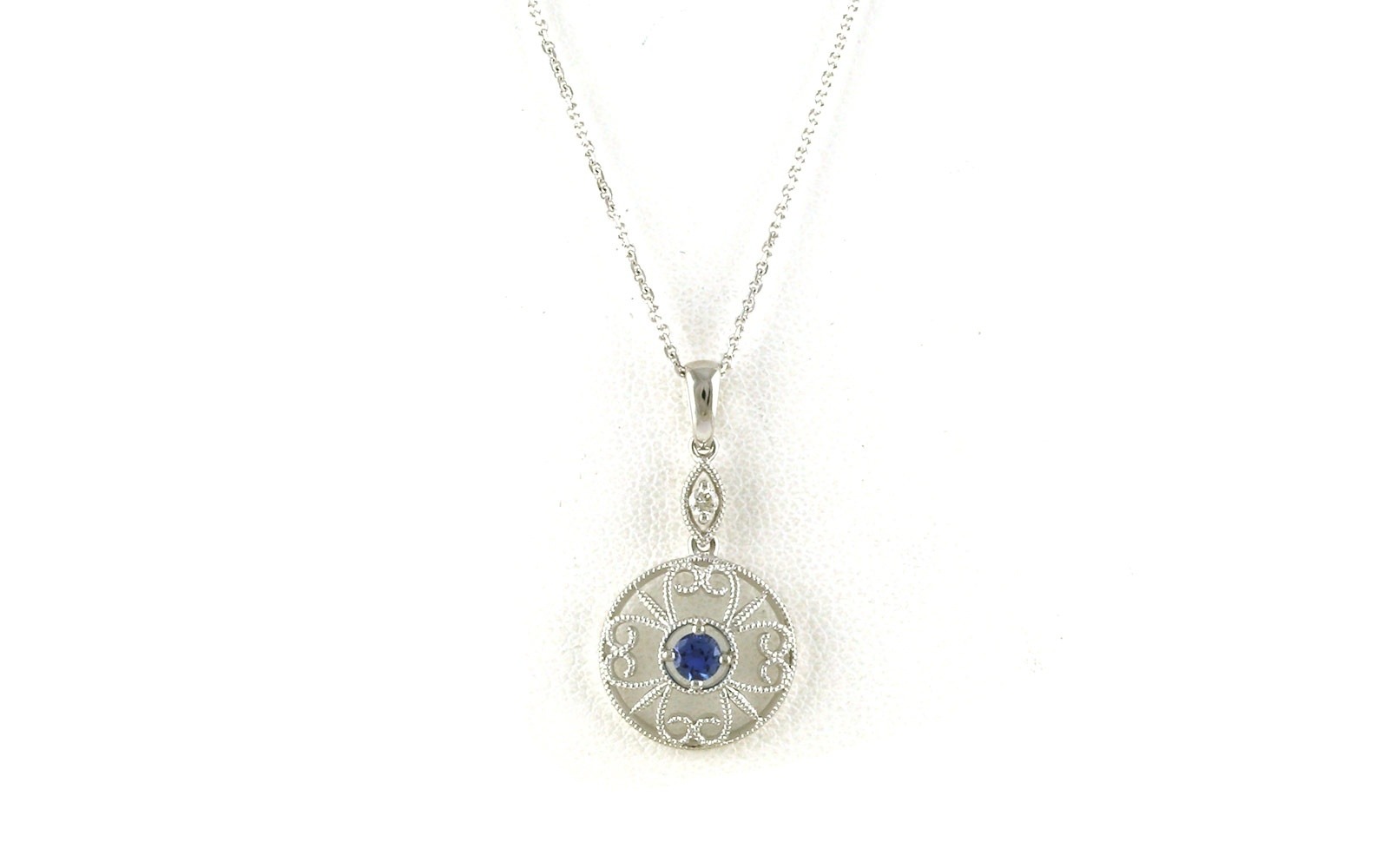 Montana Yogo Sapphire and Diamond Filigree Drop Necklace in White Gold (0.13cts TWT)