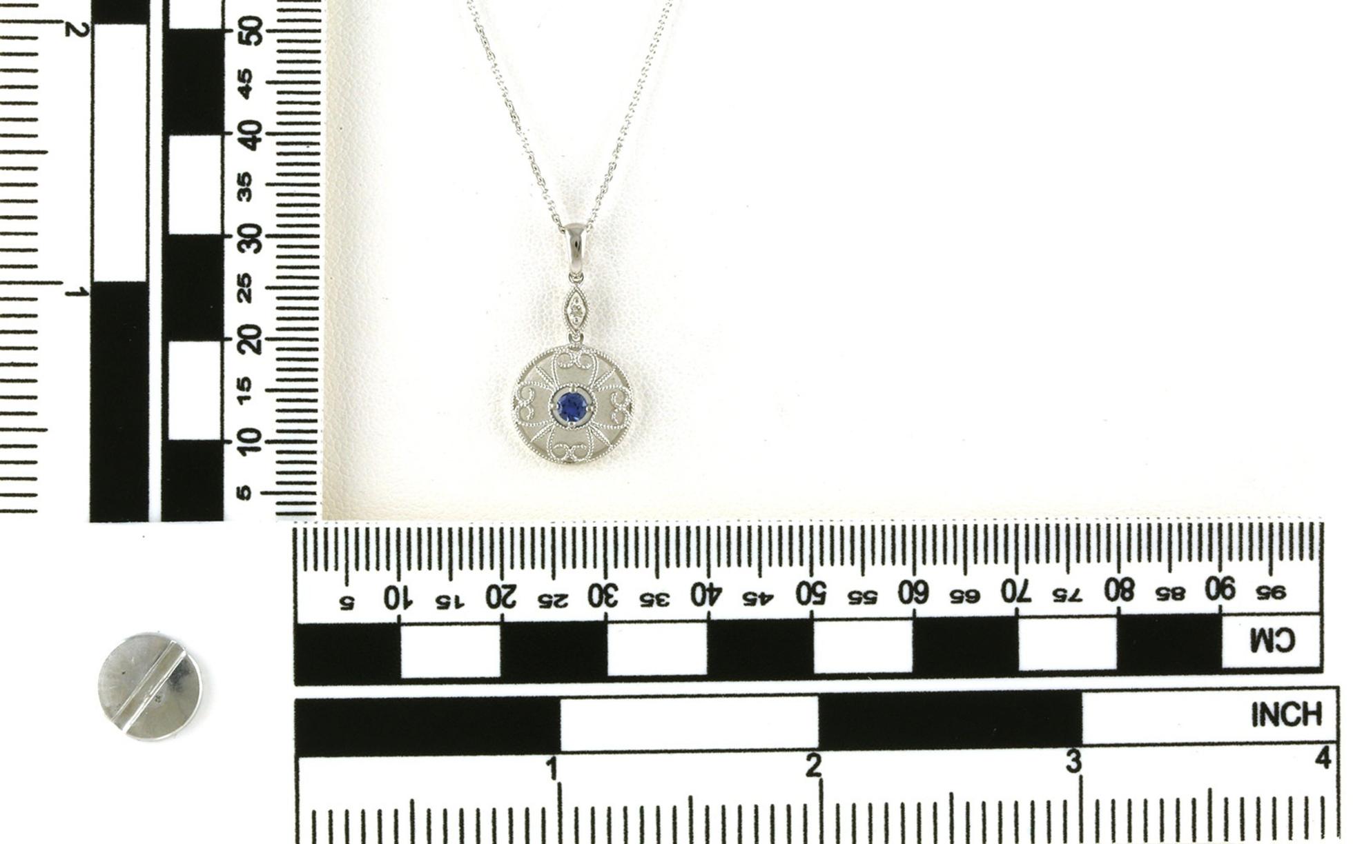 Montana Yogo Sapphire and Diamond Filigree Drop Necklace in White Gold (0.13cts TWT) scale