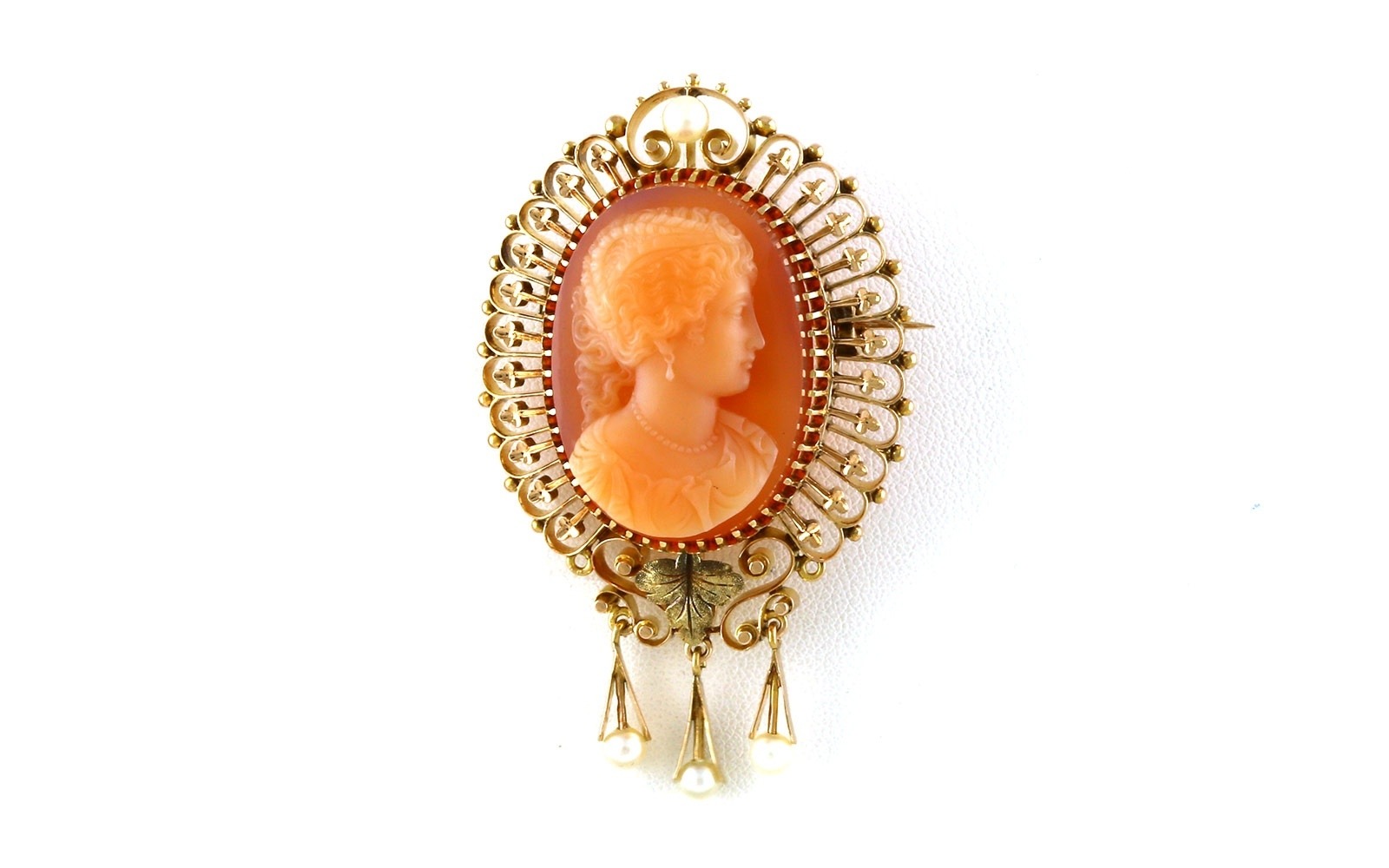 Estate Piece: Filigree Cameo Shell and Pearl Pin Brooch in Yellow Gold
