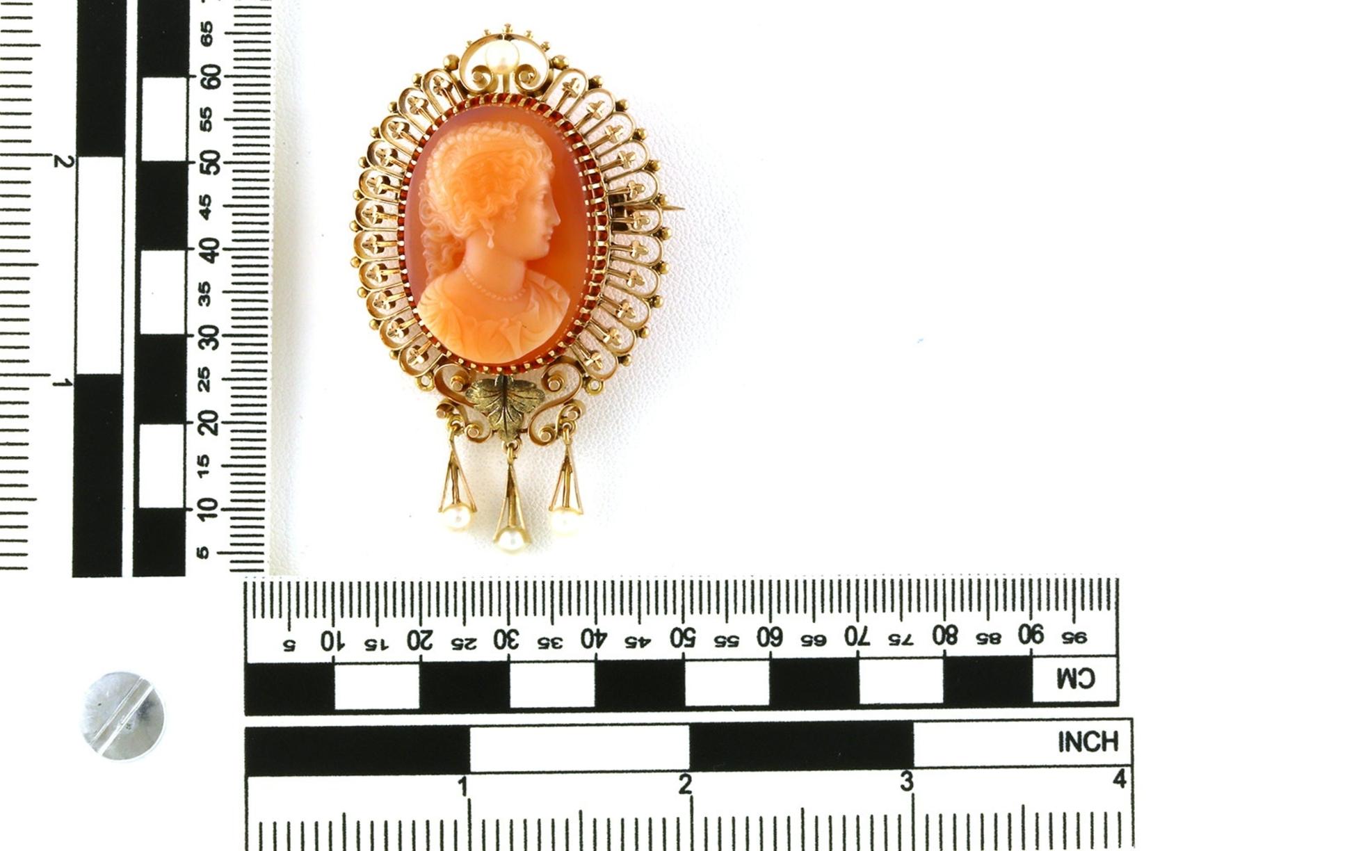 Estate Piece: Filigree Cameo Shell and Pearl Pin Brooch in Yellow Gold scale