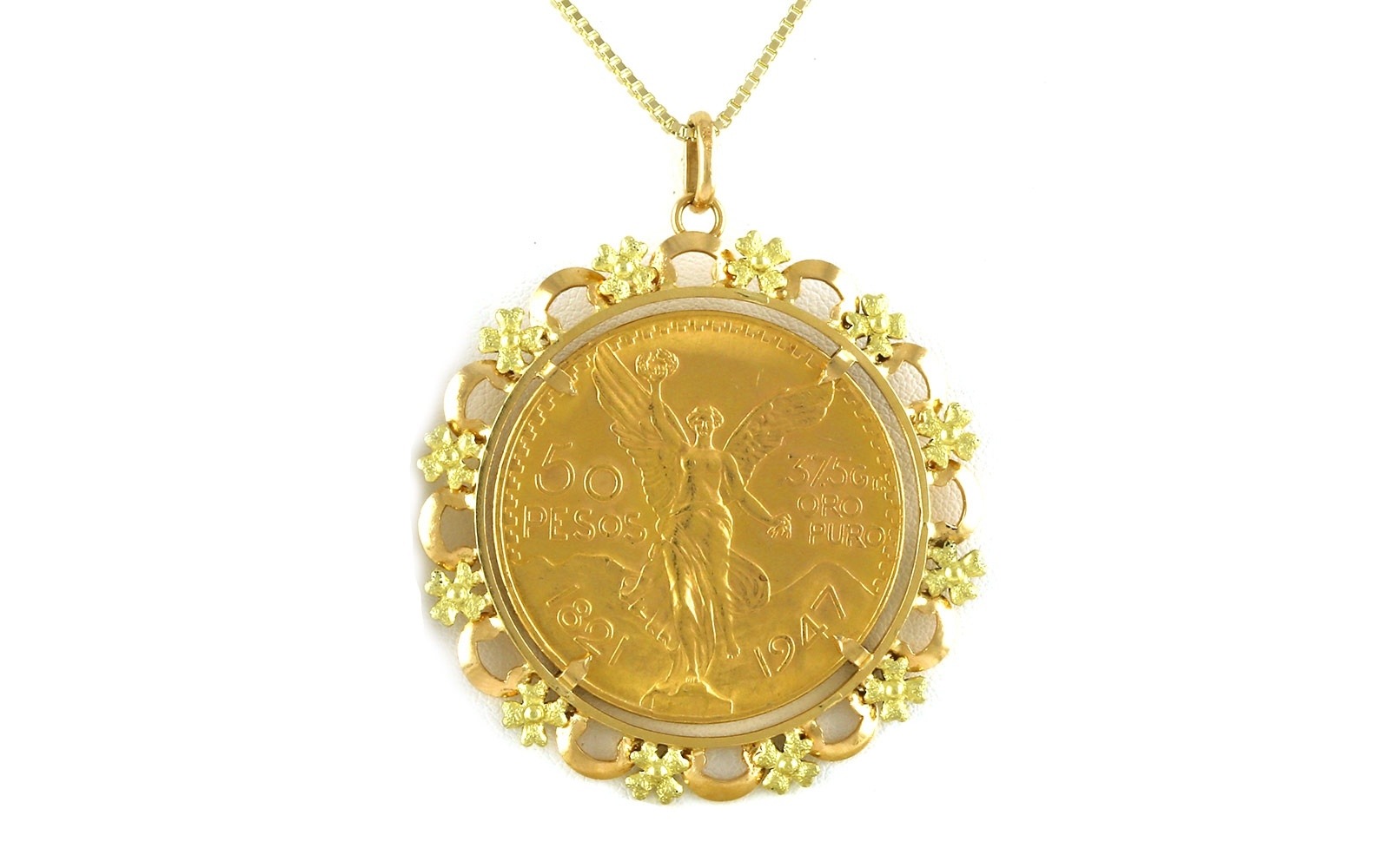 Estate Piece: Two-Tone Scalloped/Floral Coin Frame Charm in Yellow Gold with chain