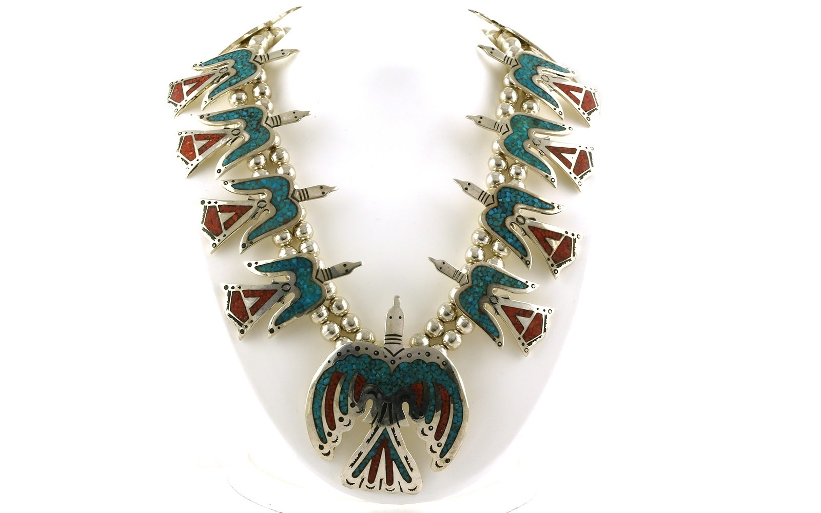 Estate Piece: Turquoise and Coral Thunder Bird Squash Blossom Necklace in Sterling Silver