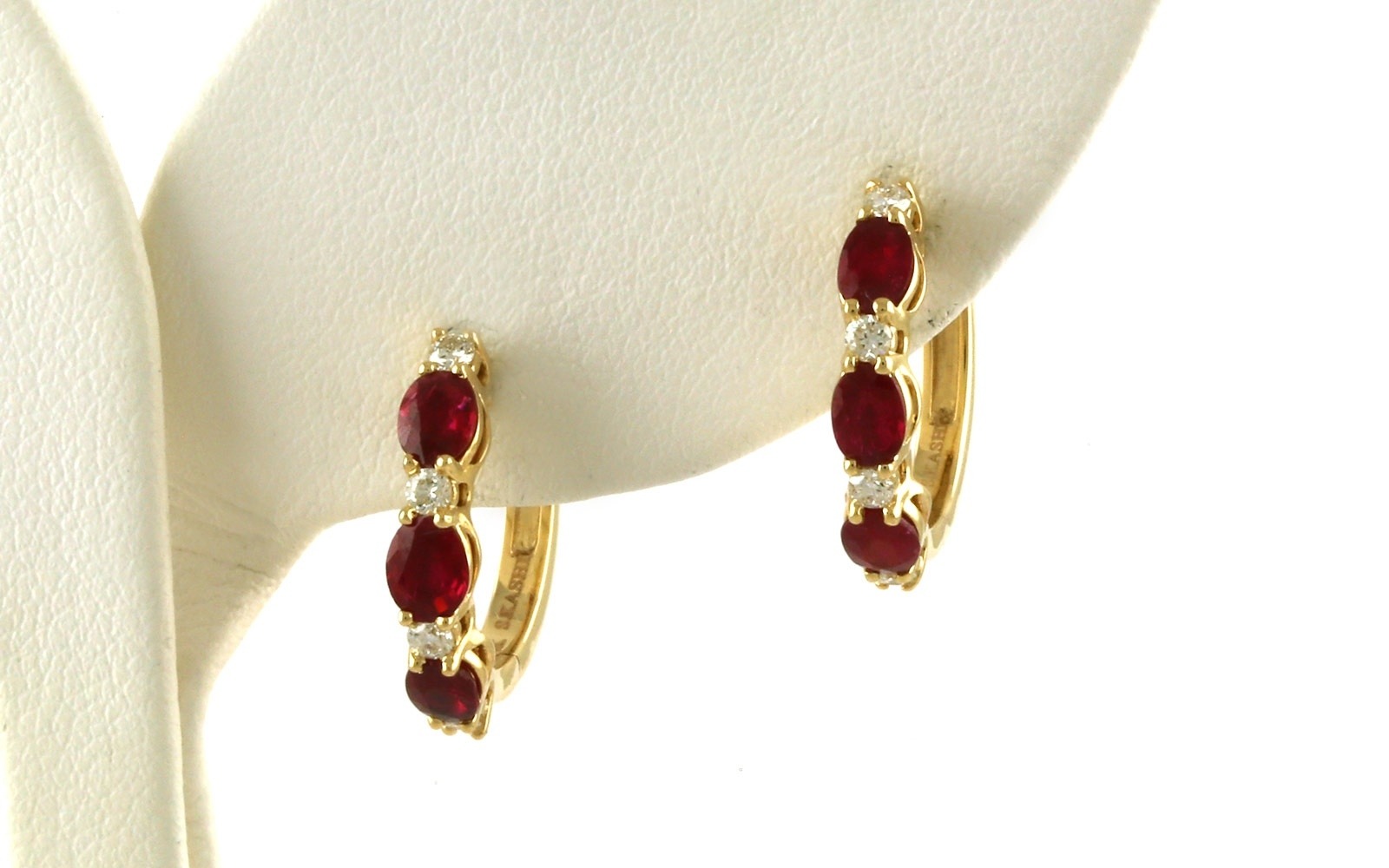 Ruby and Diamond Alternating Oval and Round Hoop Earrings in Yellow Gold (1.46cts TWT)