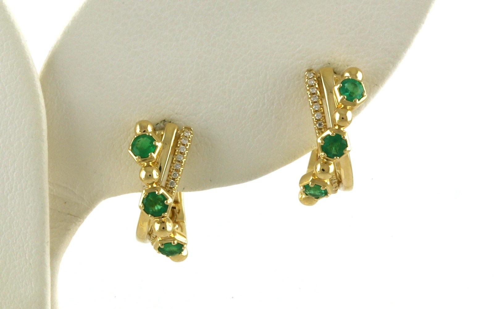 Emerald and Diamond Overlapping Hoop Earrings in Yellow Gold (0.46cts TWT)