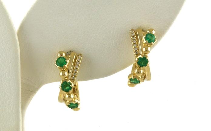 content/products/Emerald and Diamond Overlapping Hoop Earrings in Yellow Gold (0.46cts TWT)