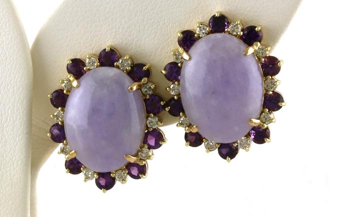 content/products/Estate Piece: Purple Jade, Amethyst and Diamond Oval Halo Omega Back Earrings in Yellow Gold (2.60cts TWT)