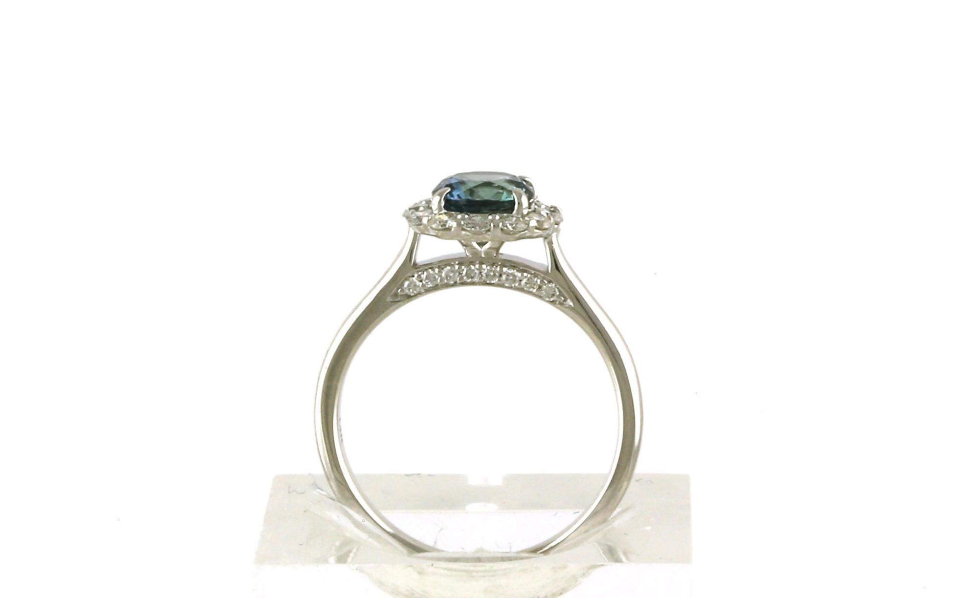 Estate Piece: Montana Sapphire Starburst Halo Diamond Ring in White Gold (1.23cts TWT) side