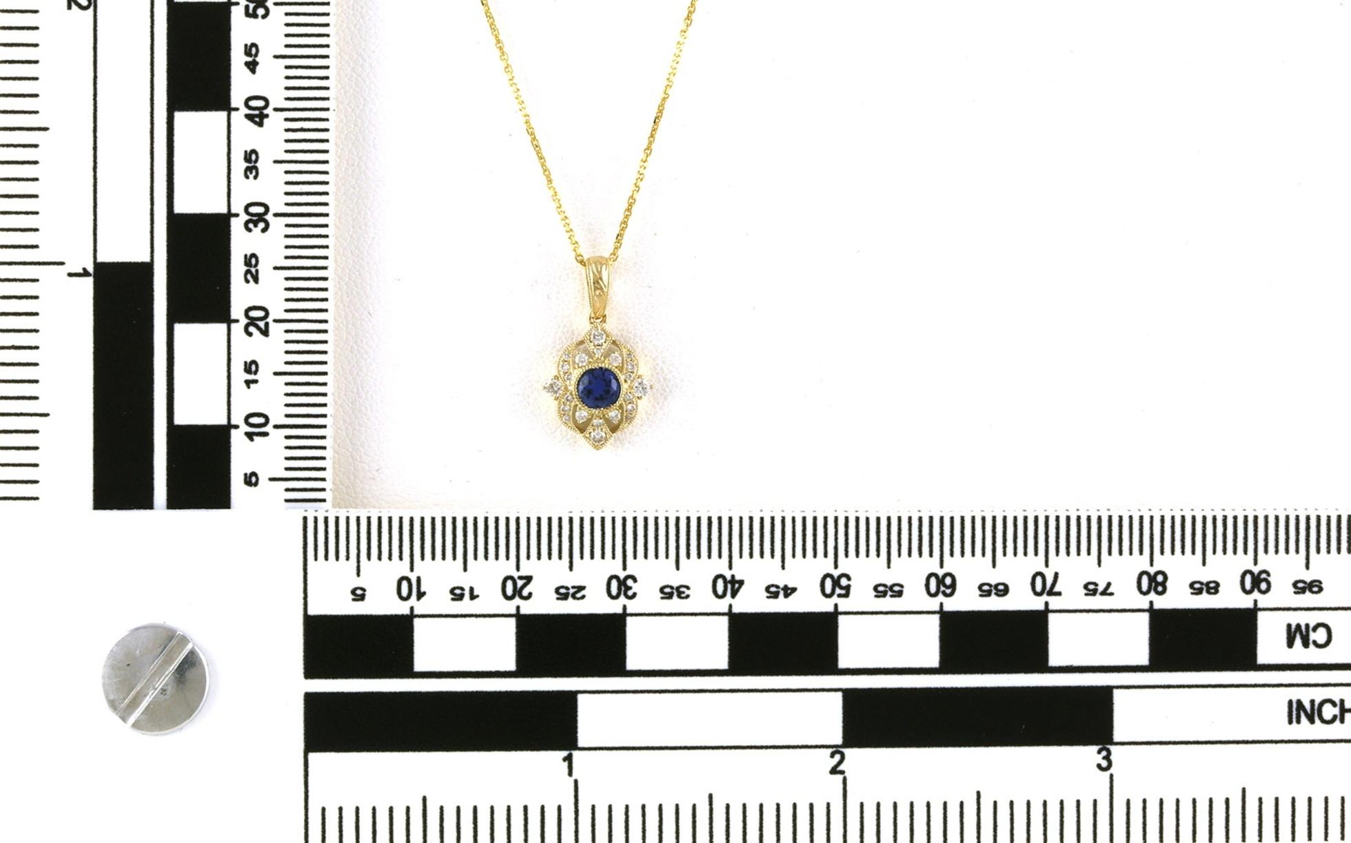 Montana Yogo Sapphire and Diamond Vintage Style Halo Necklace in Yellow Gold (0.47cts TWT) scale