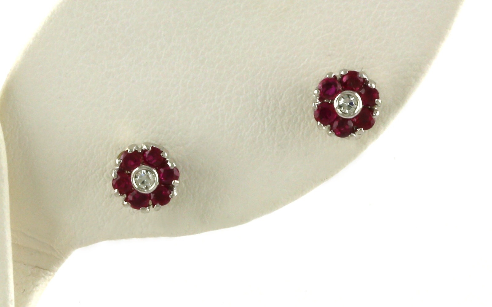 Estate Piece: Ruby and Diamond 7-Stone Flower Stud Earrings in White Gold (0.31cts TWT)