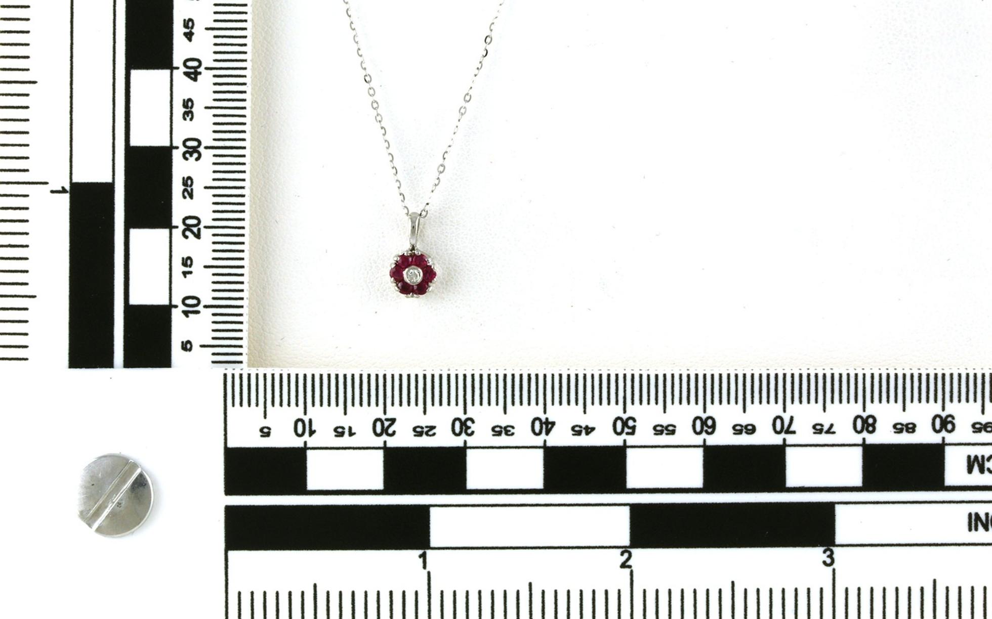 Estate Piece: Ruby and Diamond 7-stone Flower Cluster Necklace in White Gold (0.15cts TWT) scale