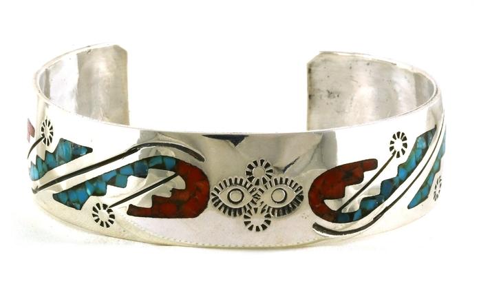 content/products/Estate Piece: Thunder Bird Coral and Turquoise Cuff Bracelet in Sterling Silver
