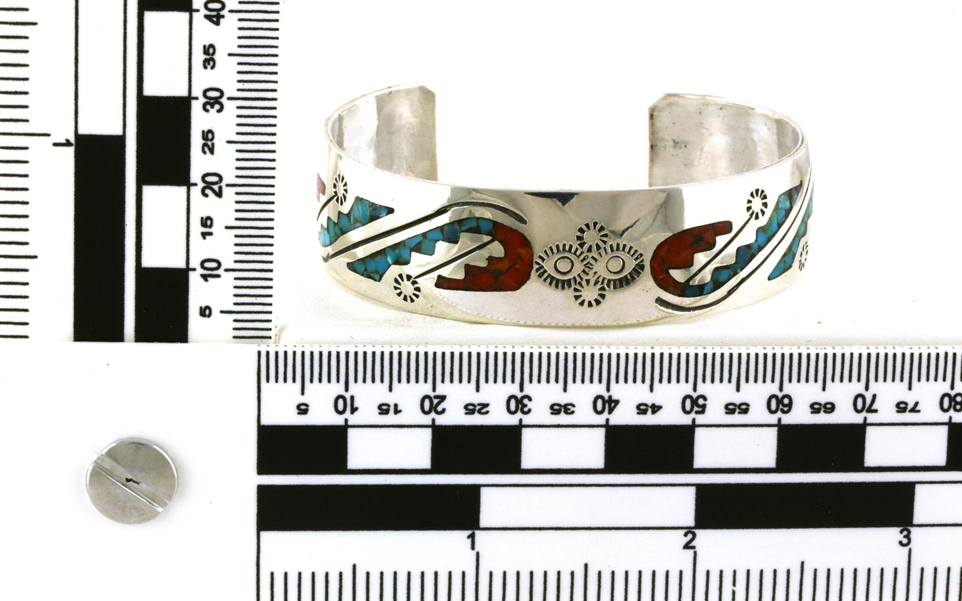 Estate Piece: Thunder Bird Coral and Turquoise Cuff Bracelet in Sterling Silver scale