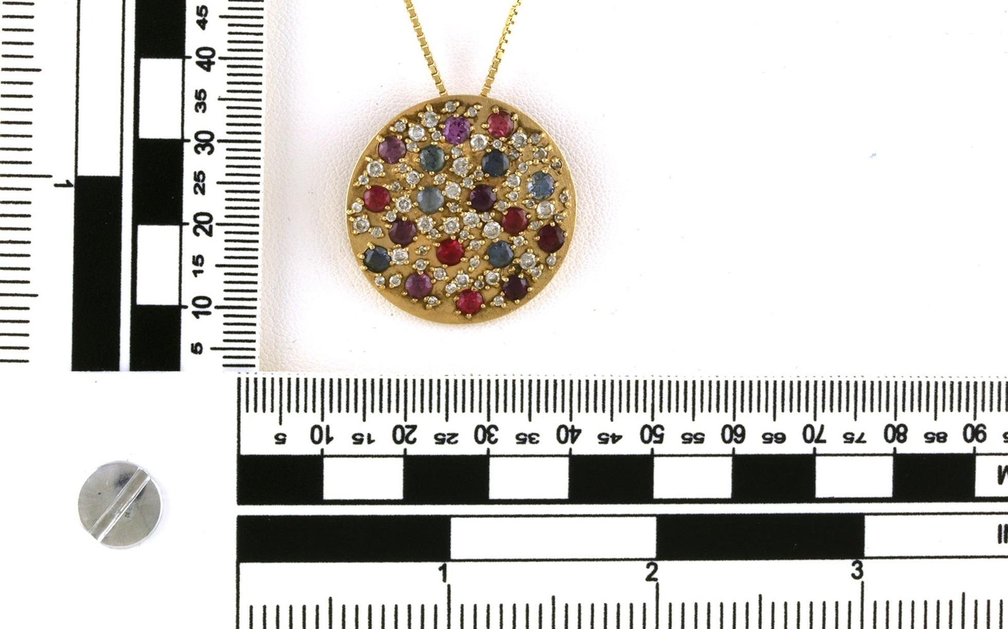 Estate Piece: Sapphire and Diamond Sandblast Disc Necklace in Yellow Gold (1.00cts TWT) scale