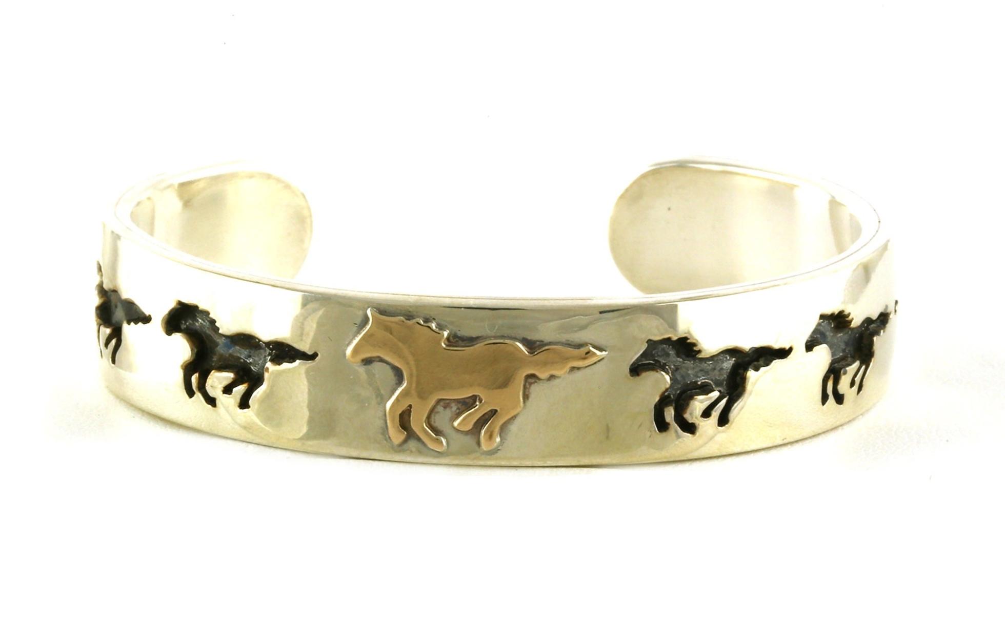 Estate Piece: 2-Tone Running Horse Cuff Bracelet in Sterling Silver and Yellow Gold