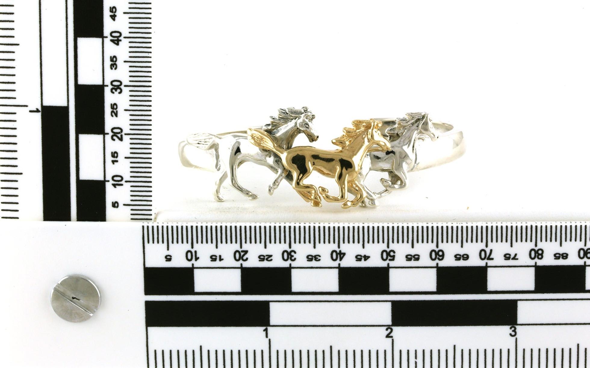 Estate Piece: 2-Tone Kabana 3 Running Horse Cuff Bracelet in Sterling Silver and Yellow Gold scale