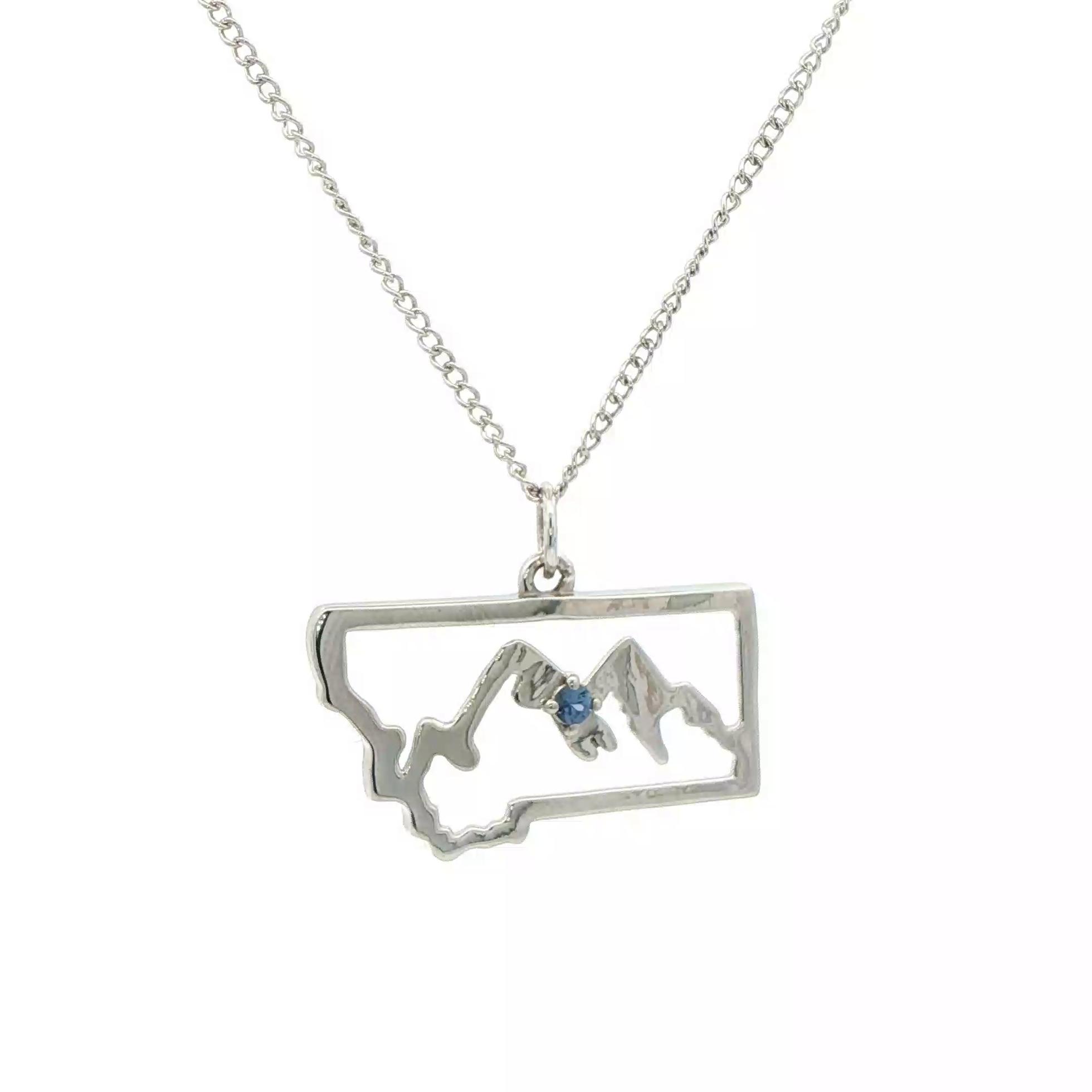 State of Montana Outline with Mountain Silhouette and Montana Yogo Sapphire Necklace in Sterling Silver (0.05ct)