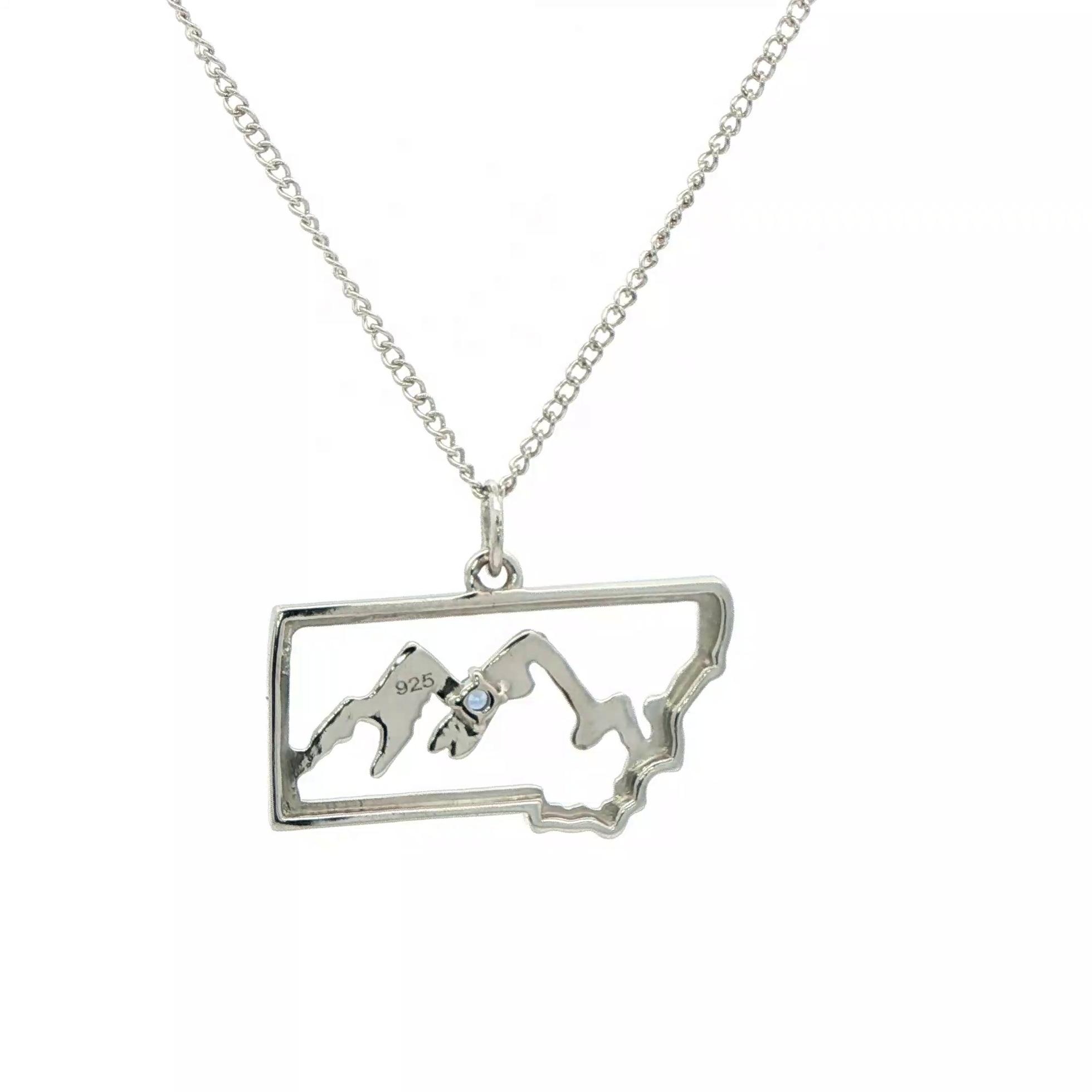 State of Montana Outline with Mountain Silhouette and Montana Yogo Sapphire Necklace in Sterling Silver (0.05ct) back