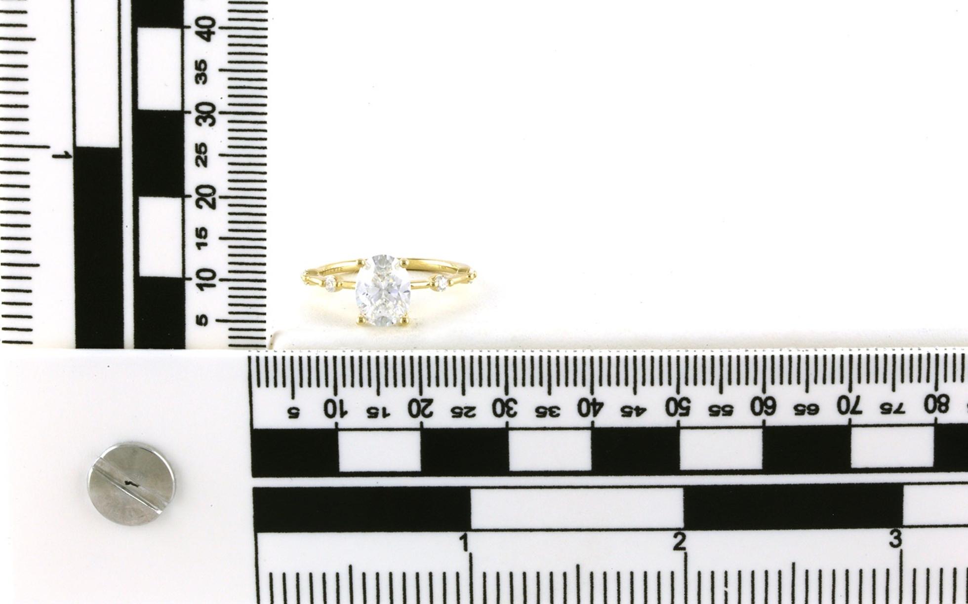 Oval 4-Prong Cubic Zirconium with Single Prong Diamond Accented Ring in Yellow Gold (2.12cts TWT) scale