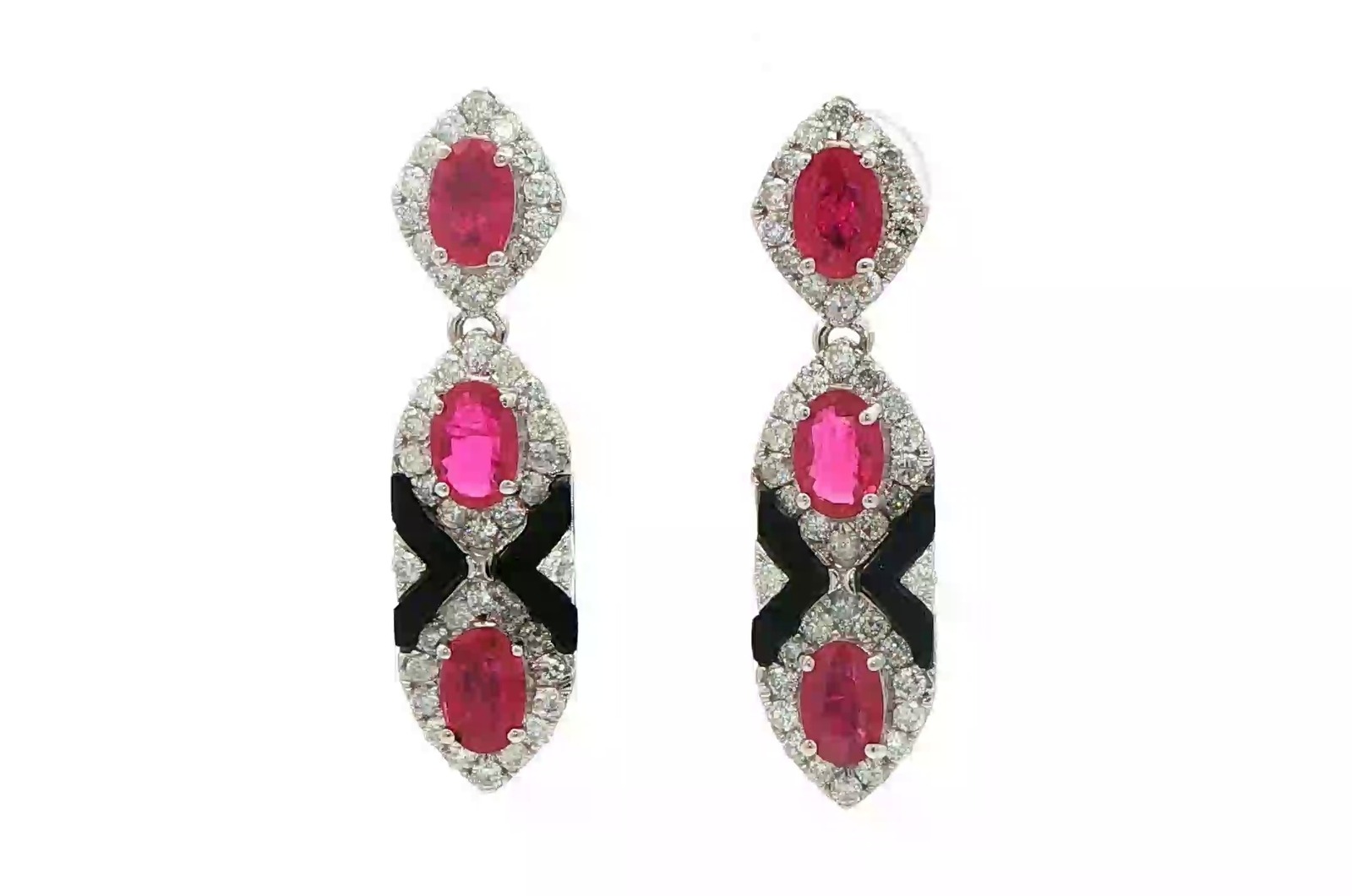 Estate Piece: Oscar Friedman Deco Dangle Ruby and Diamond with Black Onyx Earrings in White Gold (4.13cts TWT)