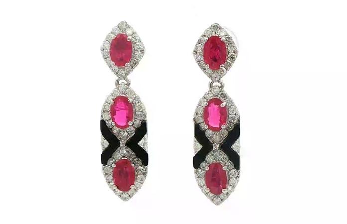 content/products/Estate Piece: Oscar Friedman Deco Dangle Ruby and Diamond with Black Onyx Earrings in White Gold (4.13cts TWT)