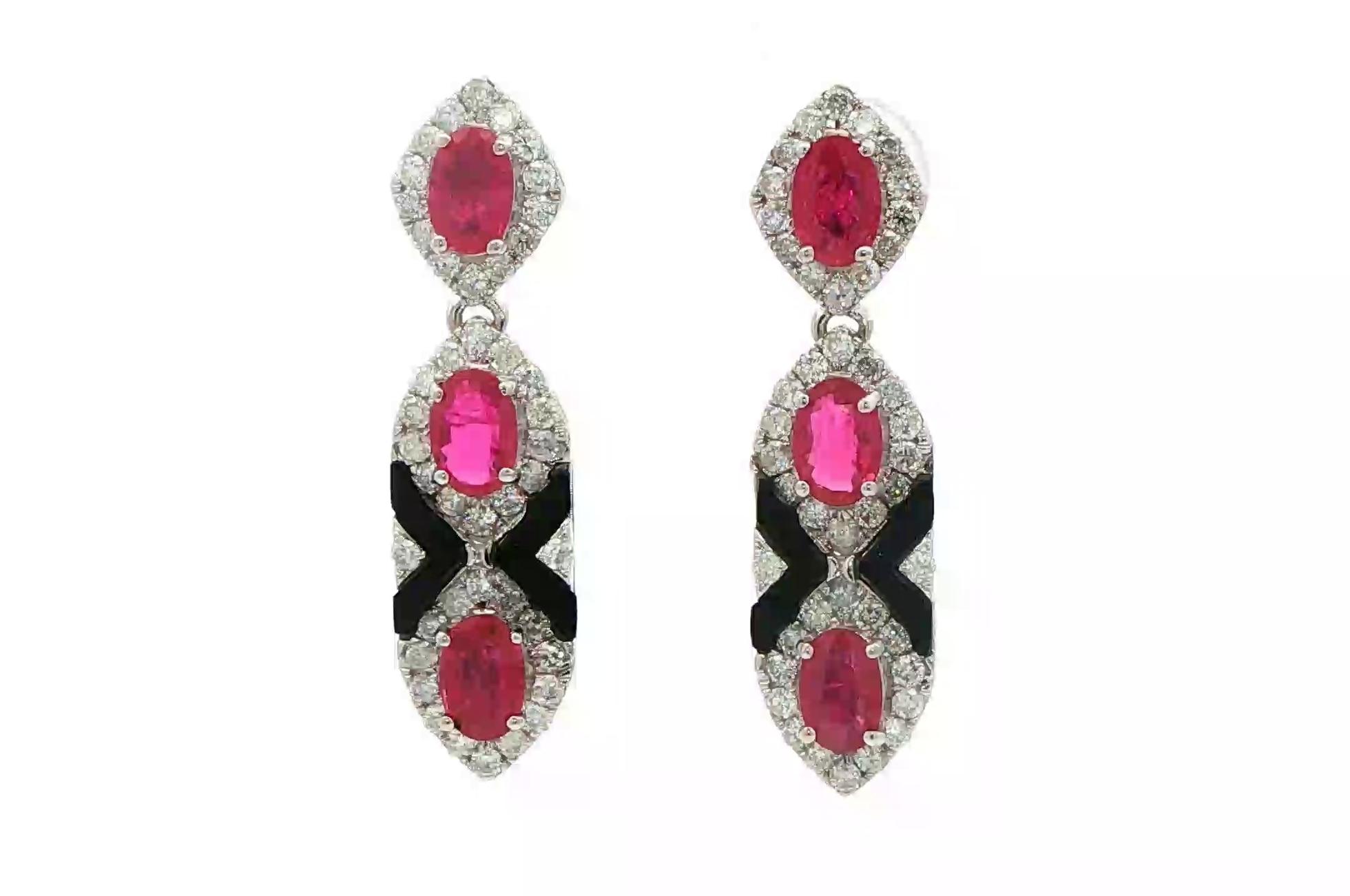 Estate Piece: Oscar Friedman Deco Dangle Ruby and Diamond with Black Onyx Earrings in White Gold (4.13cts TWT)