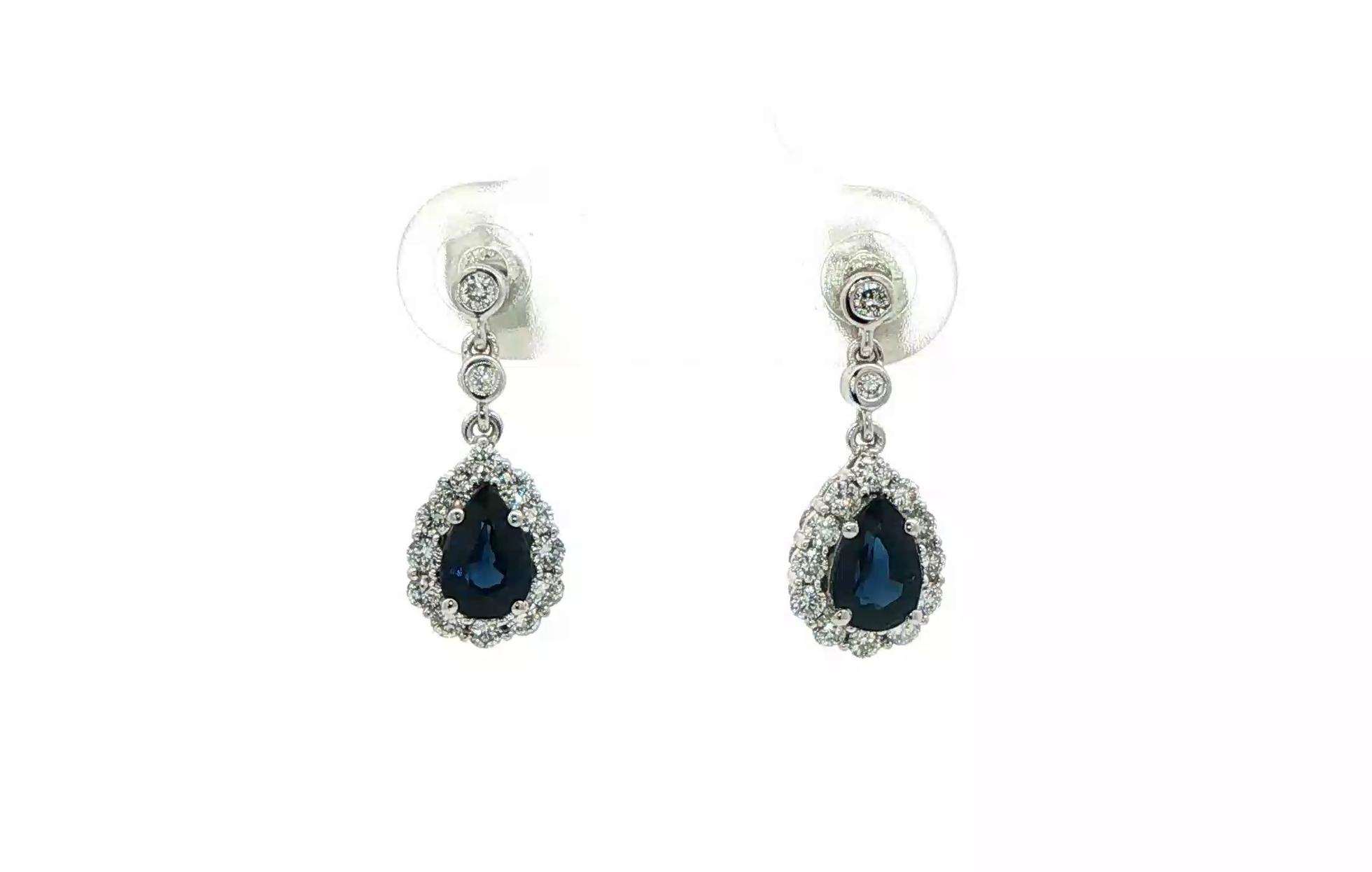 Estate Piece: Halo Dangle Sapphire and Diamond Stud Earrings in White Gold (0.93cts TWT)