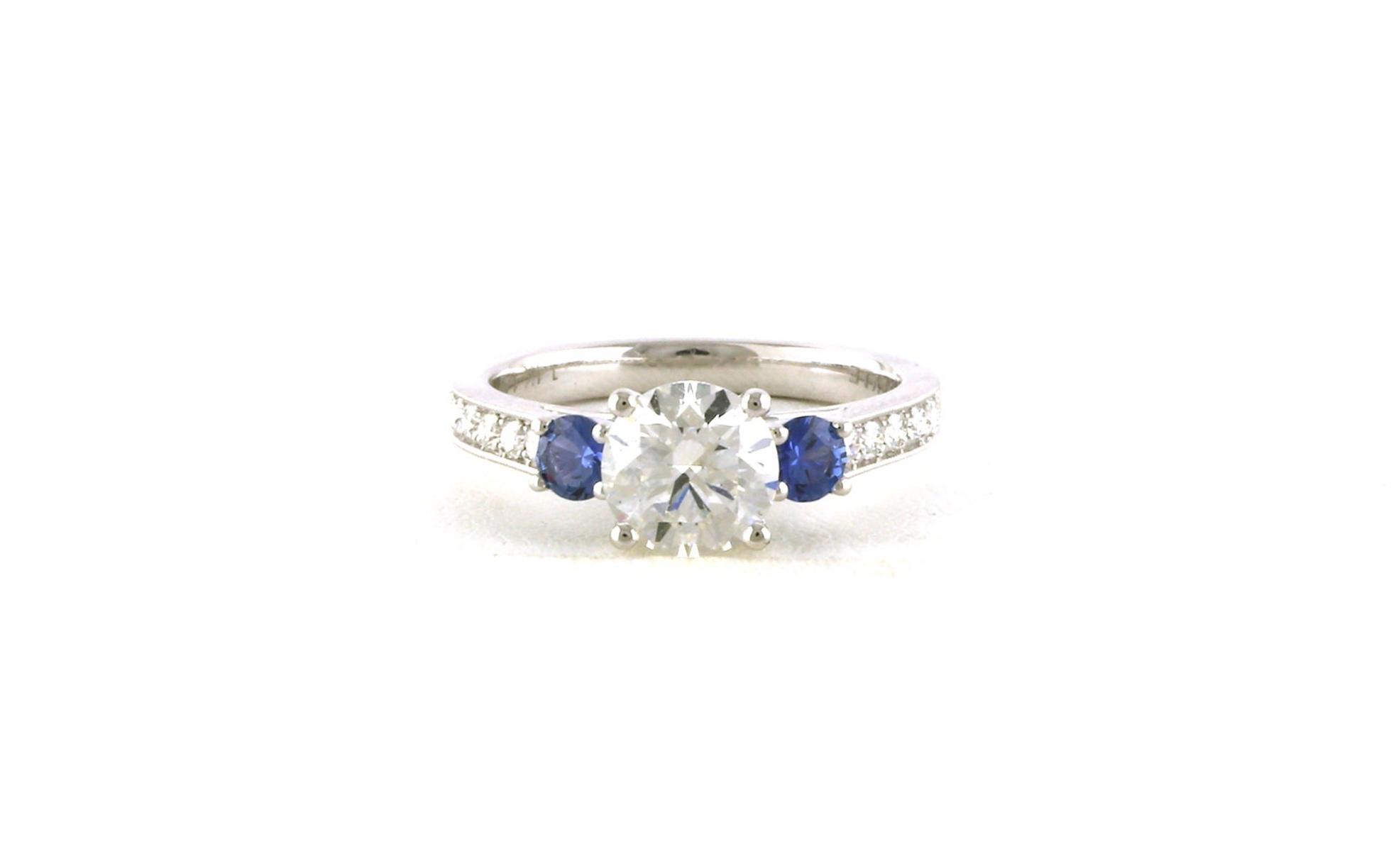 3-Stone Diamond and Montana Yogo Sapphire Milgrain Pave Shank Ring in White Gold (2.06cts TWT)