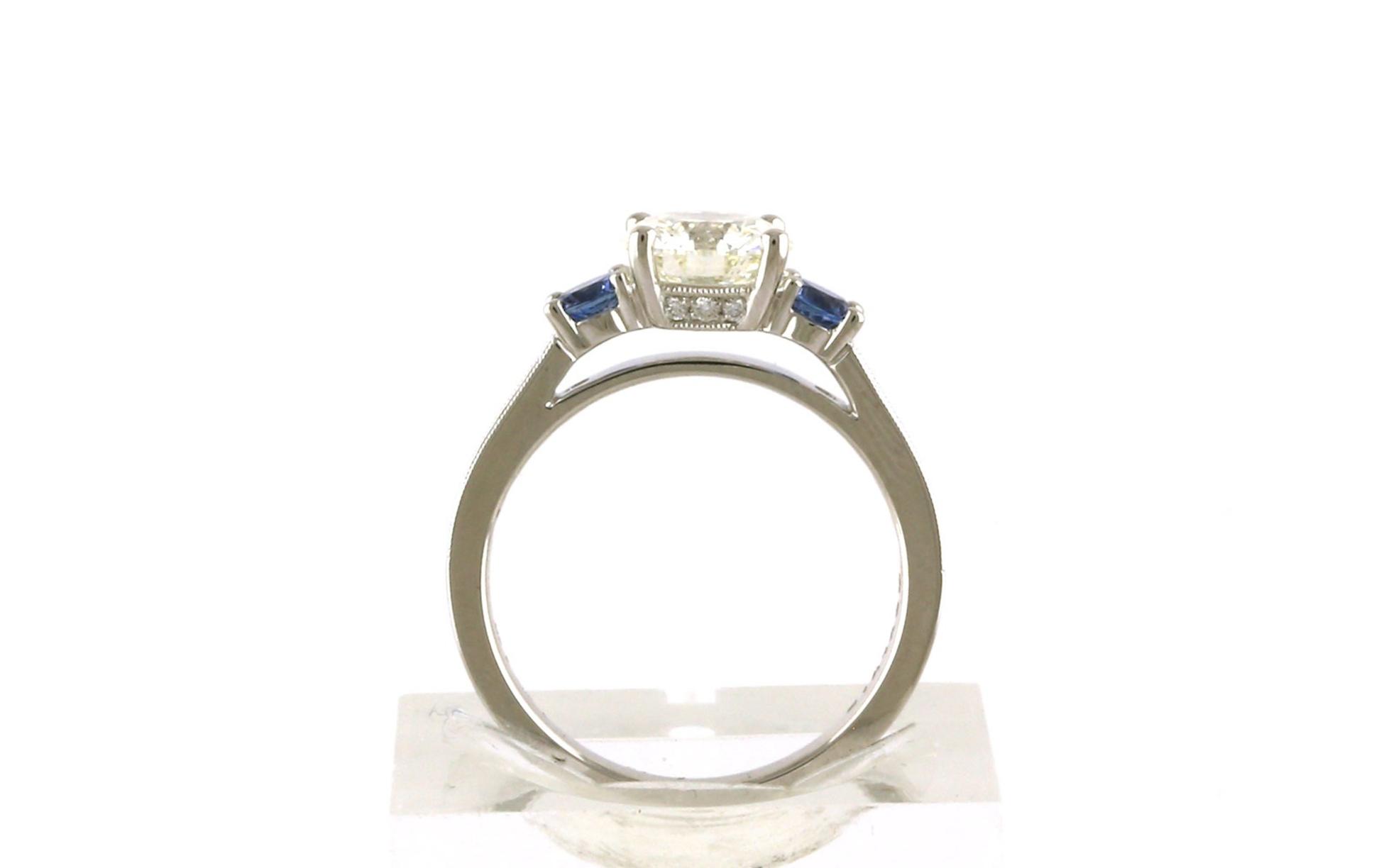 3-Stone Diamond and Montana Yogo Sapphire Milgrain Pave Shank Ring in White Gold (2.06cts TWT) side