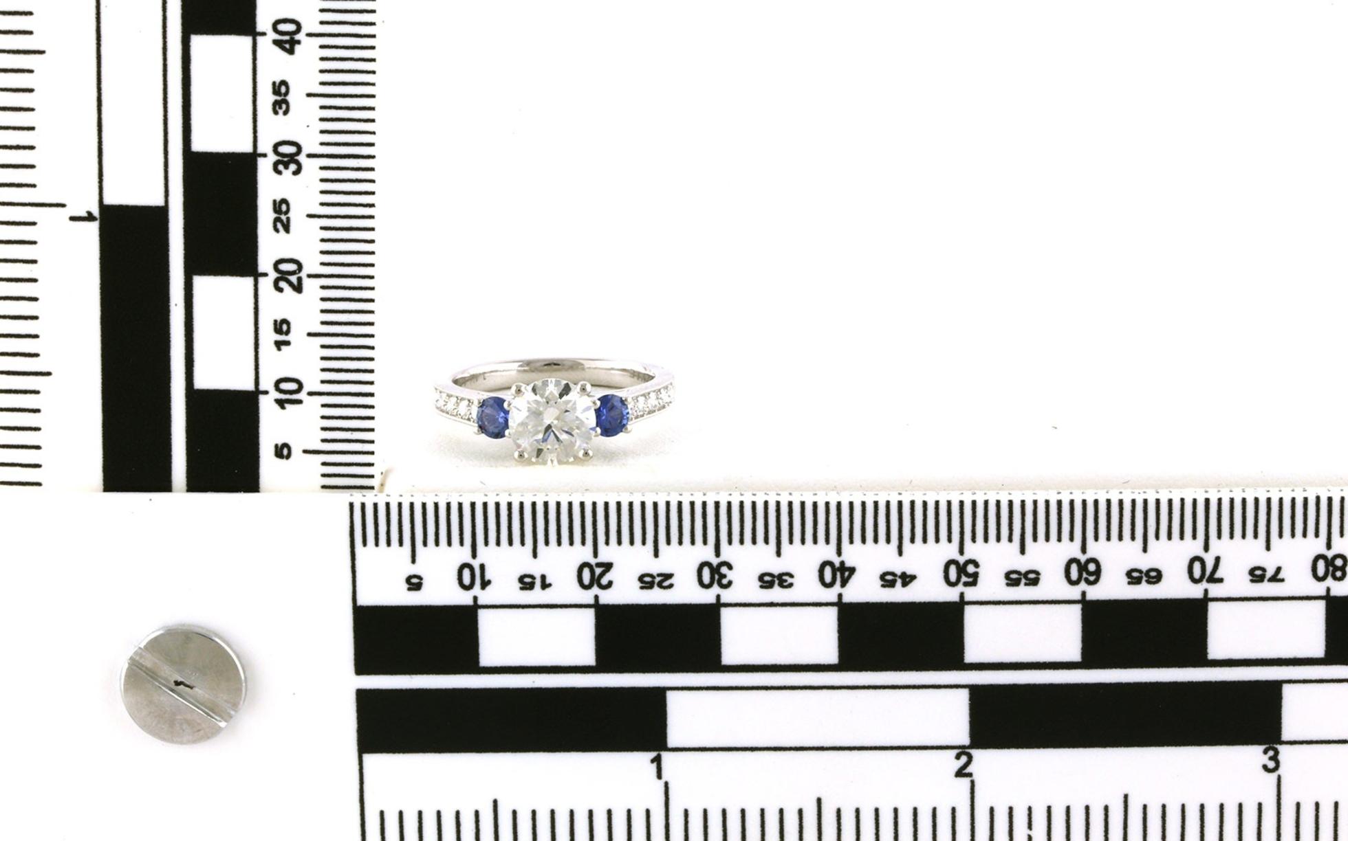 3-Stone Diamond and Montana Yogo Sapphire Milgrain Pave Shank Ring in White Gold (2.06cts TWT) scale