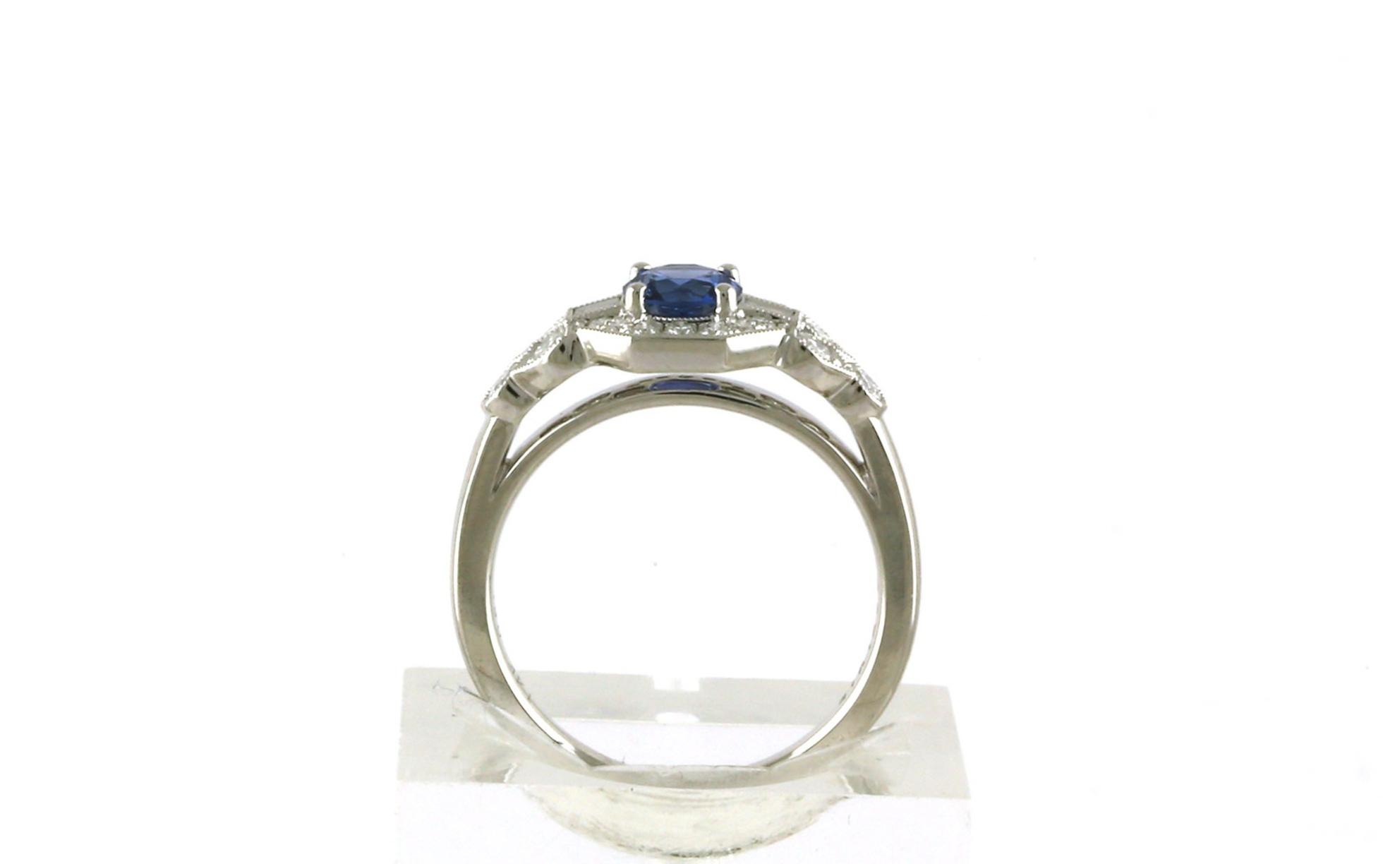 Art Deco Style Halo Montana Yogo Sapphire and Diamond Ring in White Gold (1.15cts TWT) side