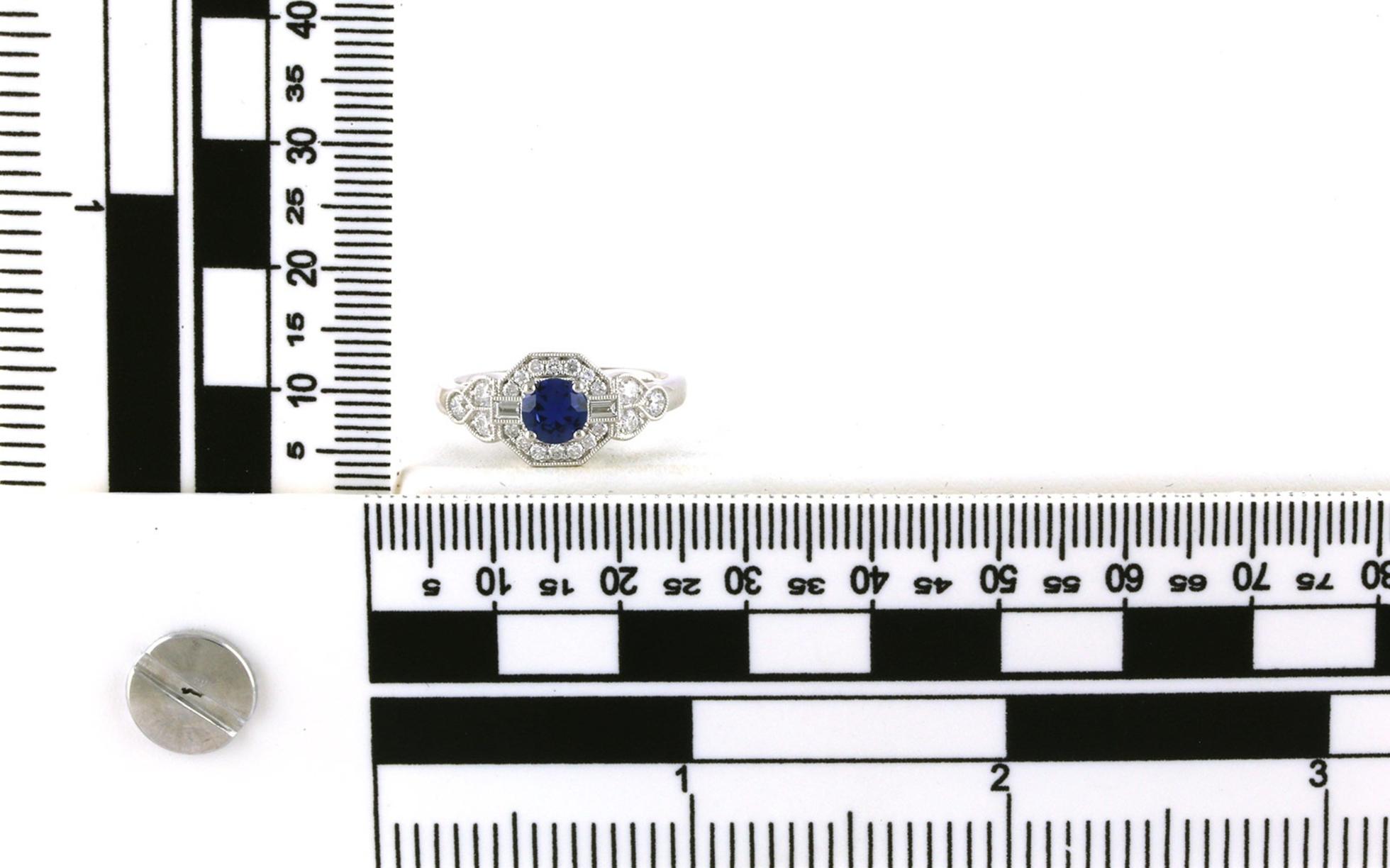 Art Deco Style Halo Montana Yogo Sapphire and Diamond Ring in White Gold (1.15cts TWT) scale