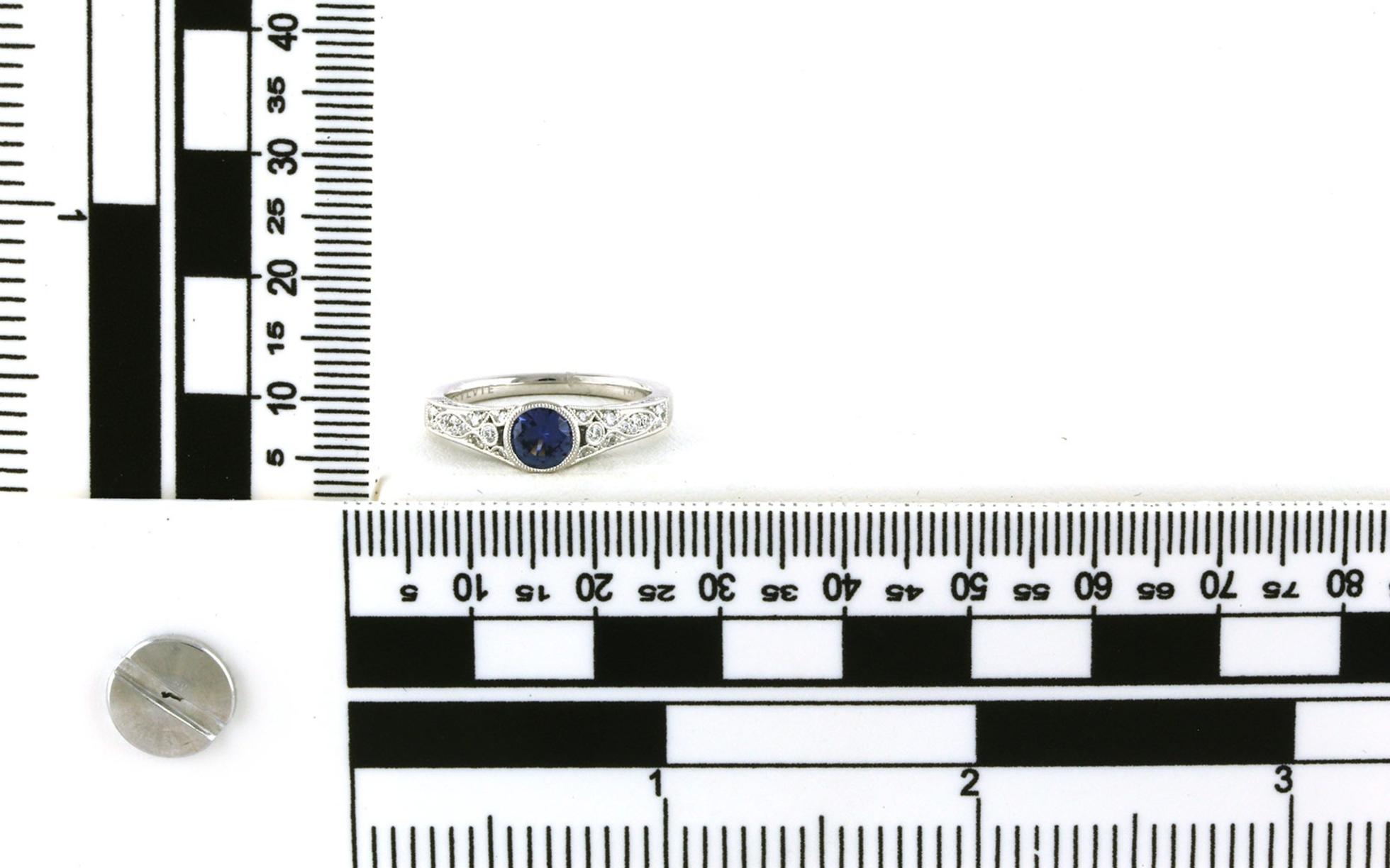 Bezel-Set Montana Yogo Sapphire and Diamond Milgrain Pave Shank Ring in White Gold (1.06cts TWT) scale