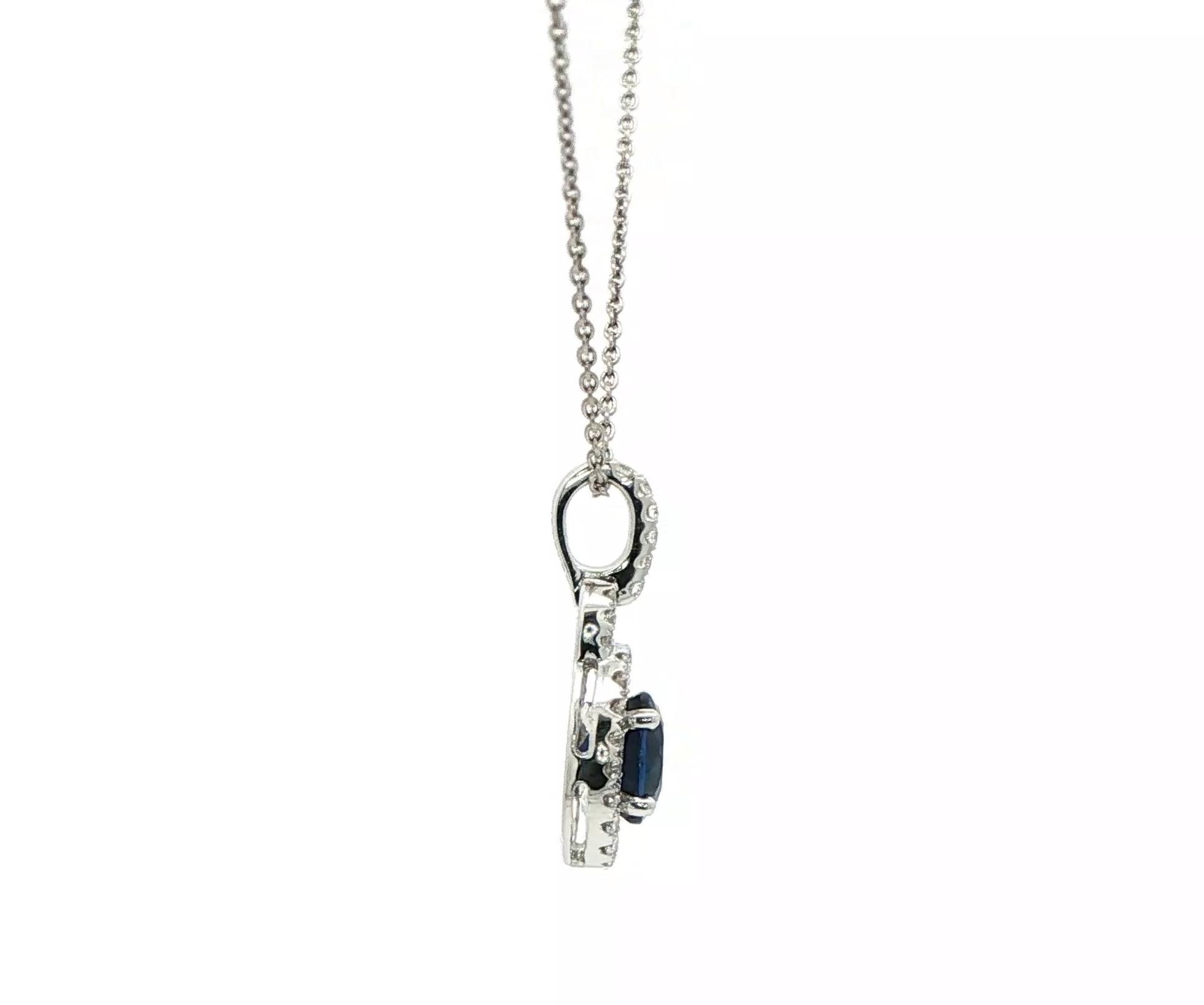 Estate Piece: Oval Halo Drop Sapphire and Diamond Necklace in White Gold (0.90cts TWT) side
