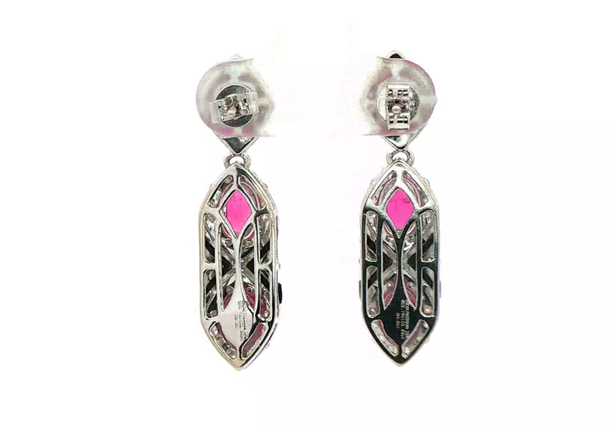 Estate Piece: Oscar Friedman Deco Ruby, Diamond, and Black Onyx Dangle Earrings in White Gold (4.13cts TWT)