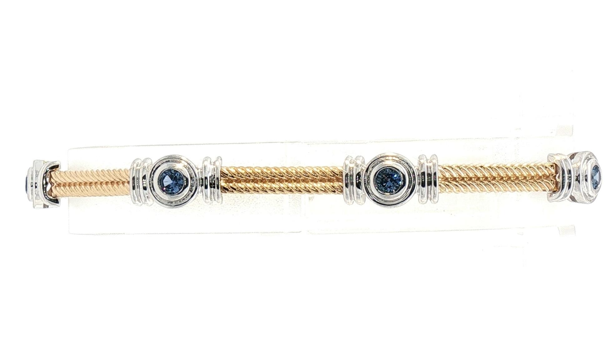 Double Rope Link Bezel-Set Station Montana Yogo Sapphire Bracelet in Two Tone Yellow and White Gold (1.13cts TWT)