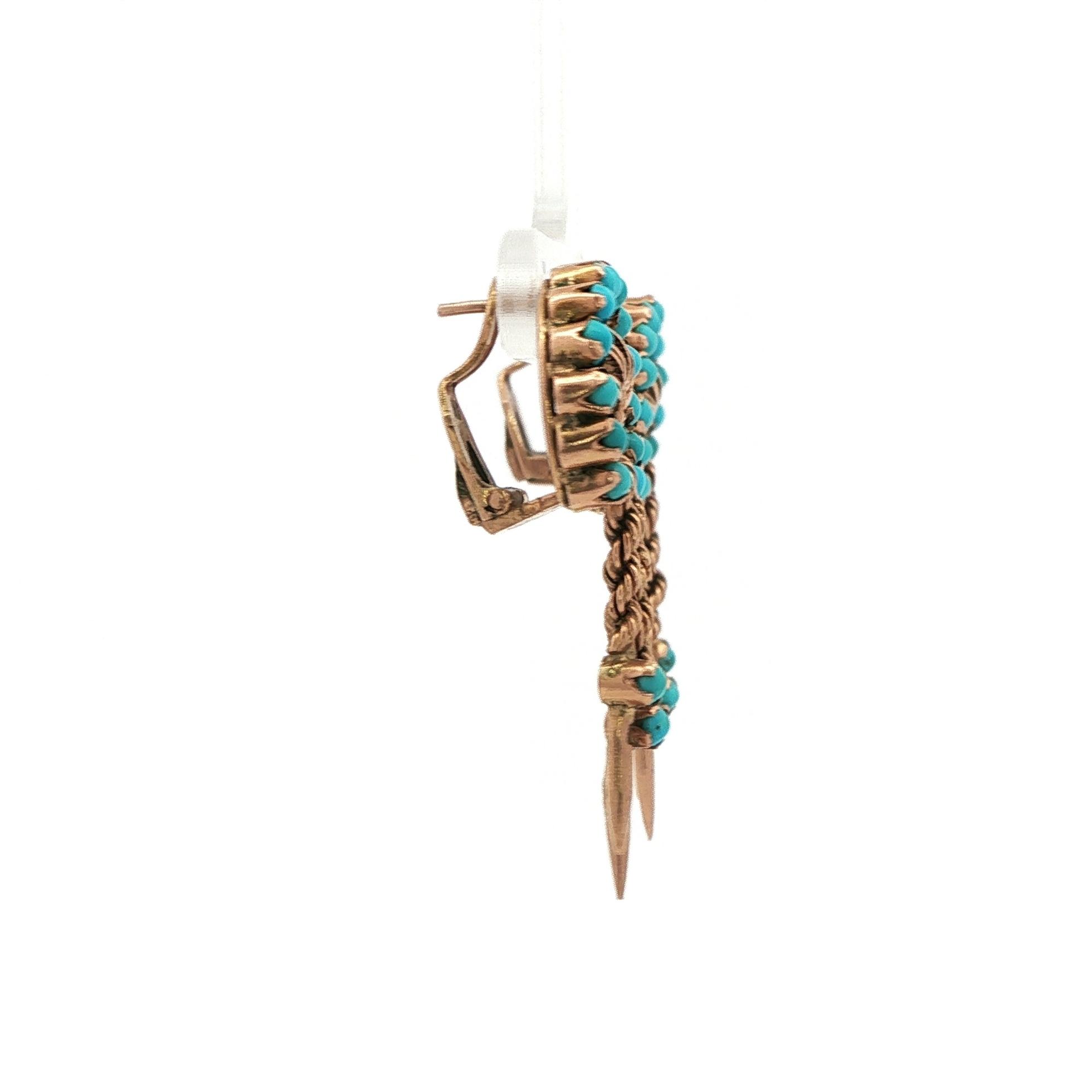 Turquoise Dangle Omega Back Earrings in Yellow Gold side