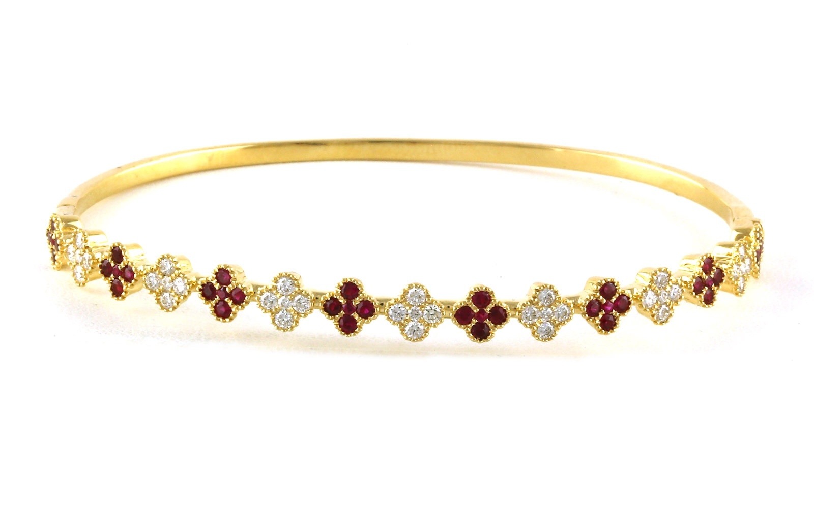 Floral Cluster Ruby and Diamond Hinged Cuff Bracelet in Yellow Gold (1.34cts TWT)