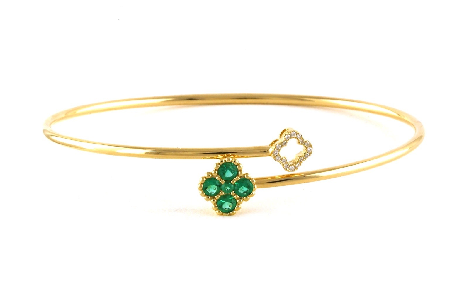 Clover Bypass Style Emerald and Diamond Bangle Bracelet in Yellow Gold (0.44cts TWT)