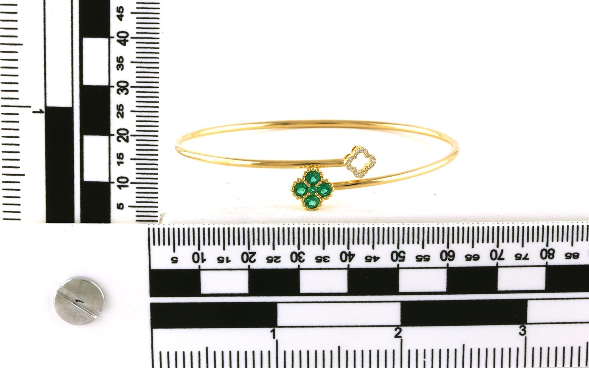 Clover Bypass Style Emerald and Diamond Bangle Bracelet in Yellow Gold (0.44cts TWT) scale
