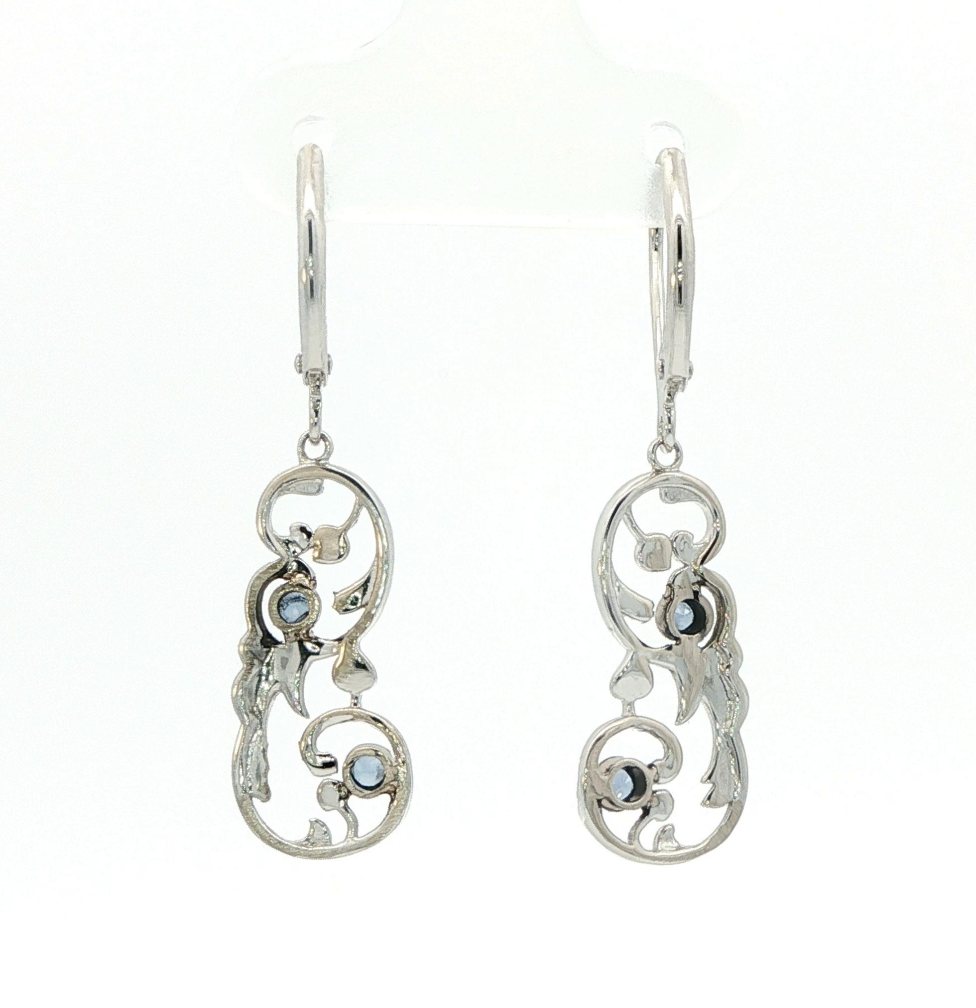 Milgrain Vintage Style Montana Yogo Sapphire Dangle Earrings in White Gold (0.18cts TWT) back