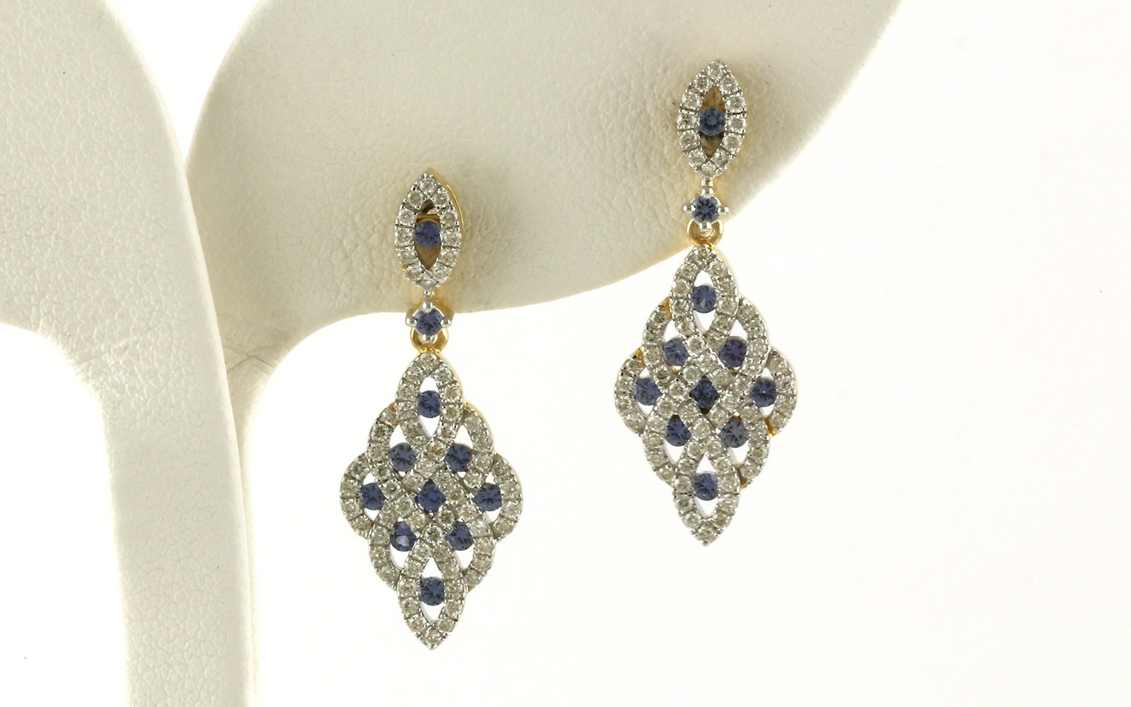 Woven Grid Montana Yogo Sapphire and Diamond Dangle Earrings in Yellow Gold (1.17cts TWT)